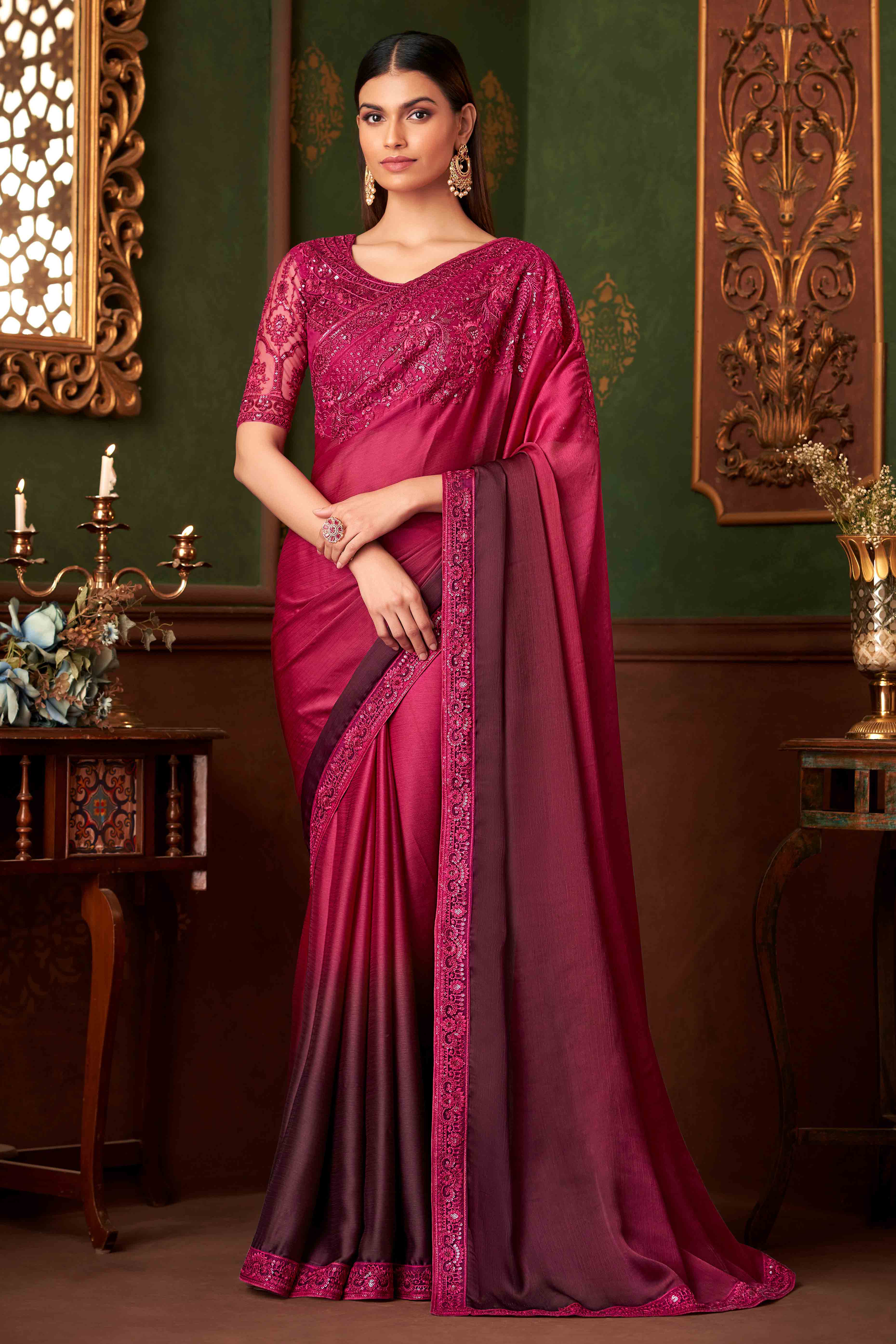 Burnt Pink Sequins Embroidered Chiffon Saree