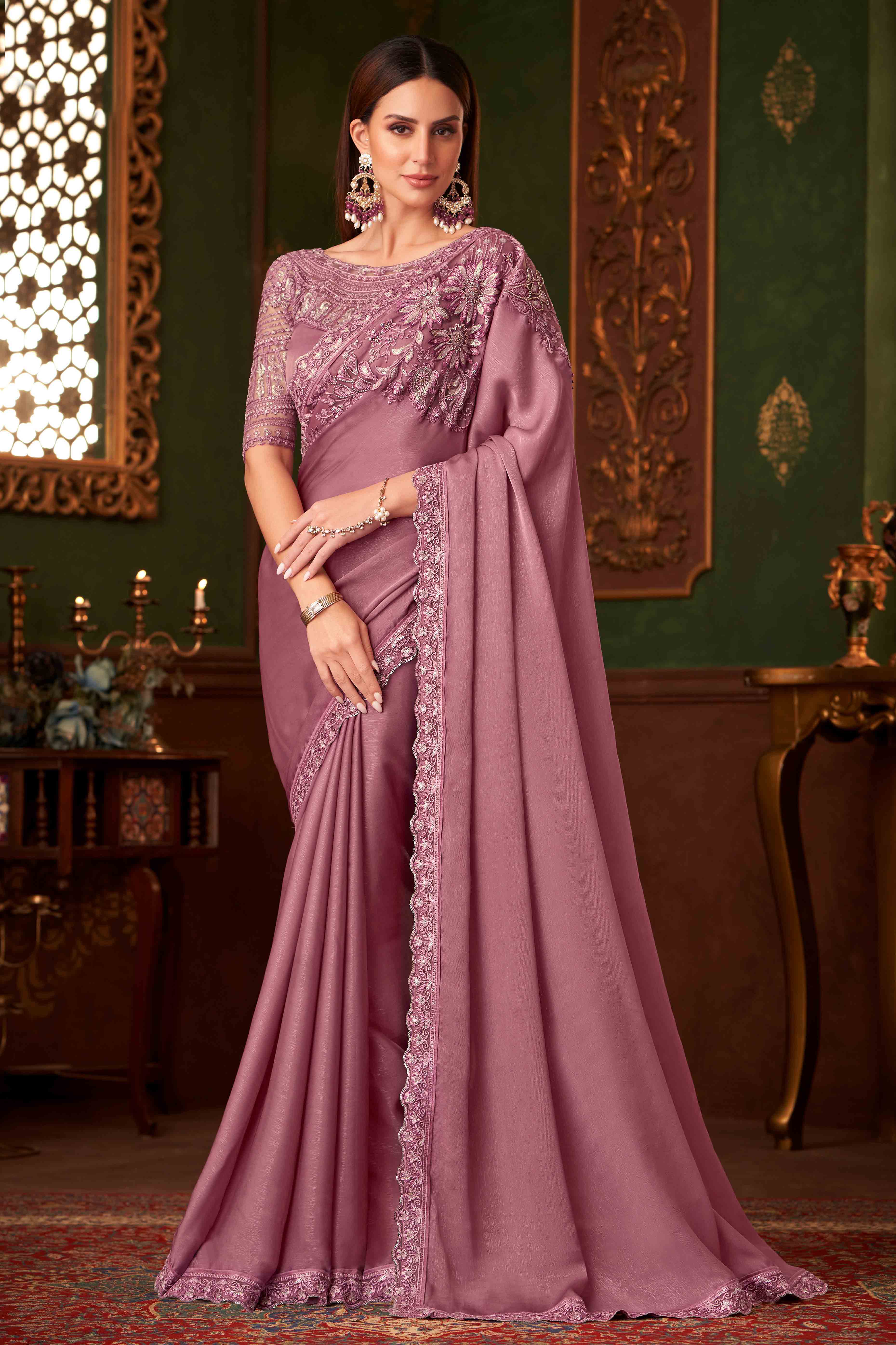 Dusty Pink Sequins Embroidered Georgette Saree