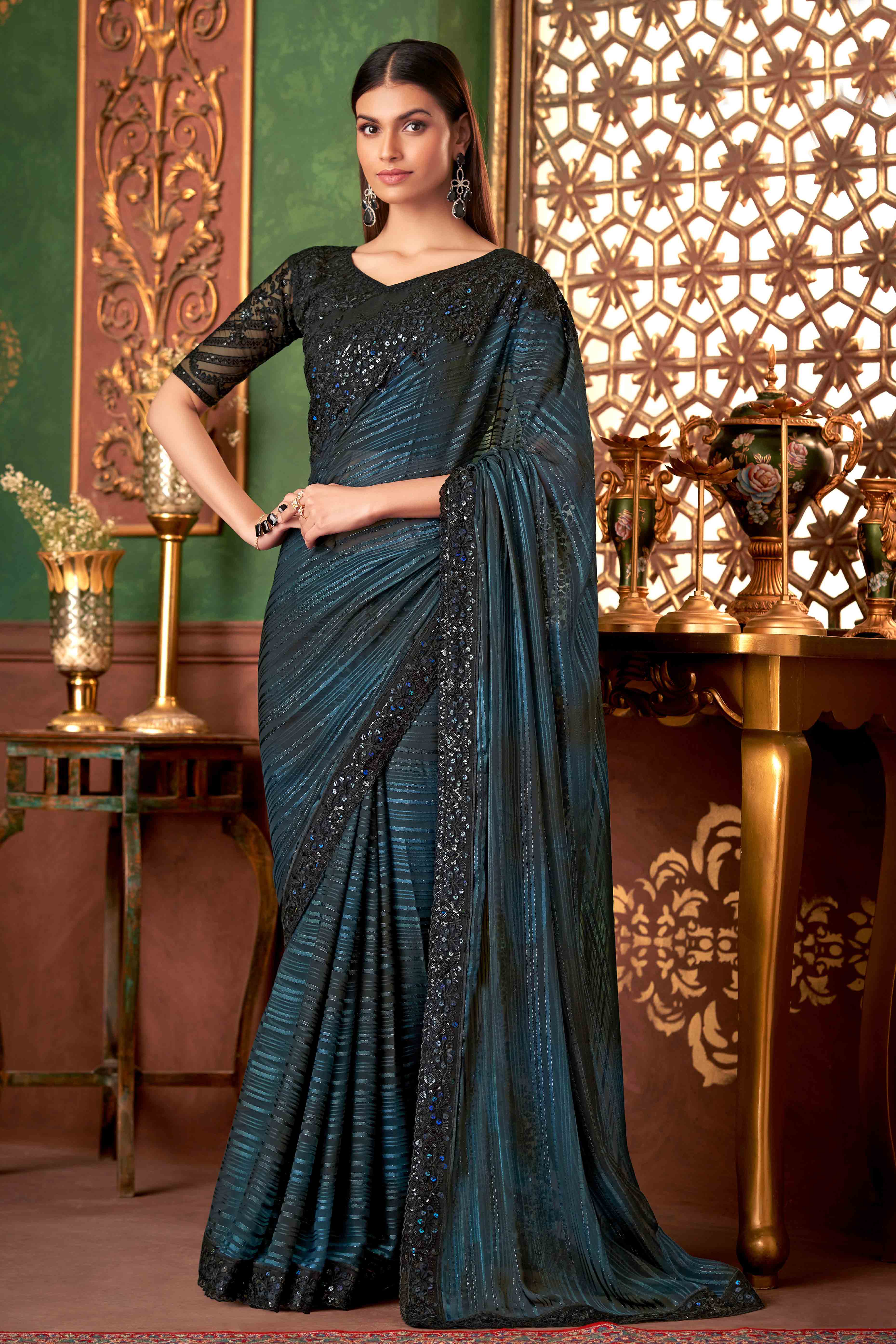 Morpich Blue Sequins Embroidered Chiffon Saree