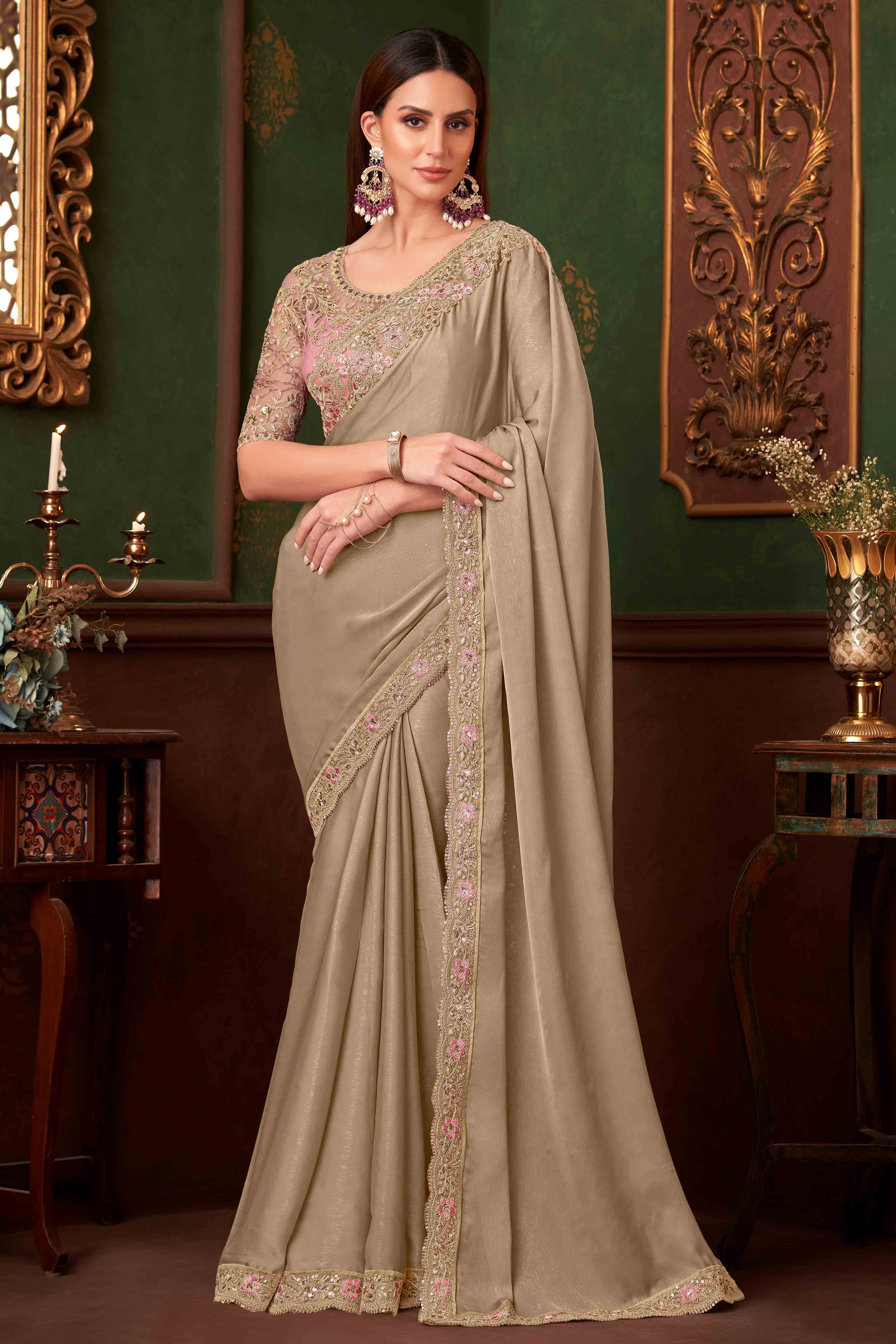 Beige Sequins Embroidered Georgette Saree