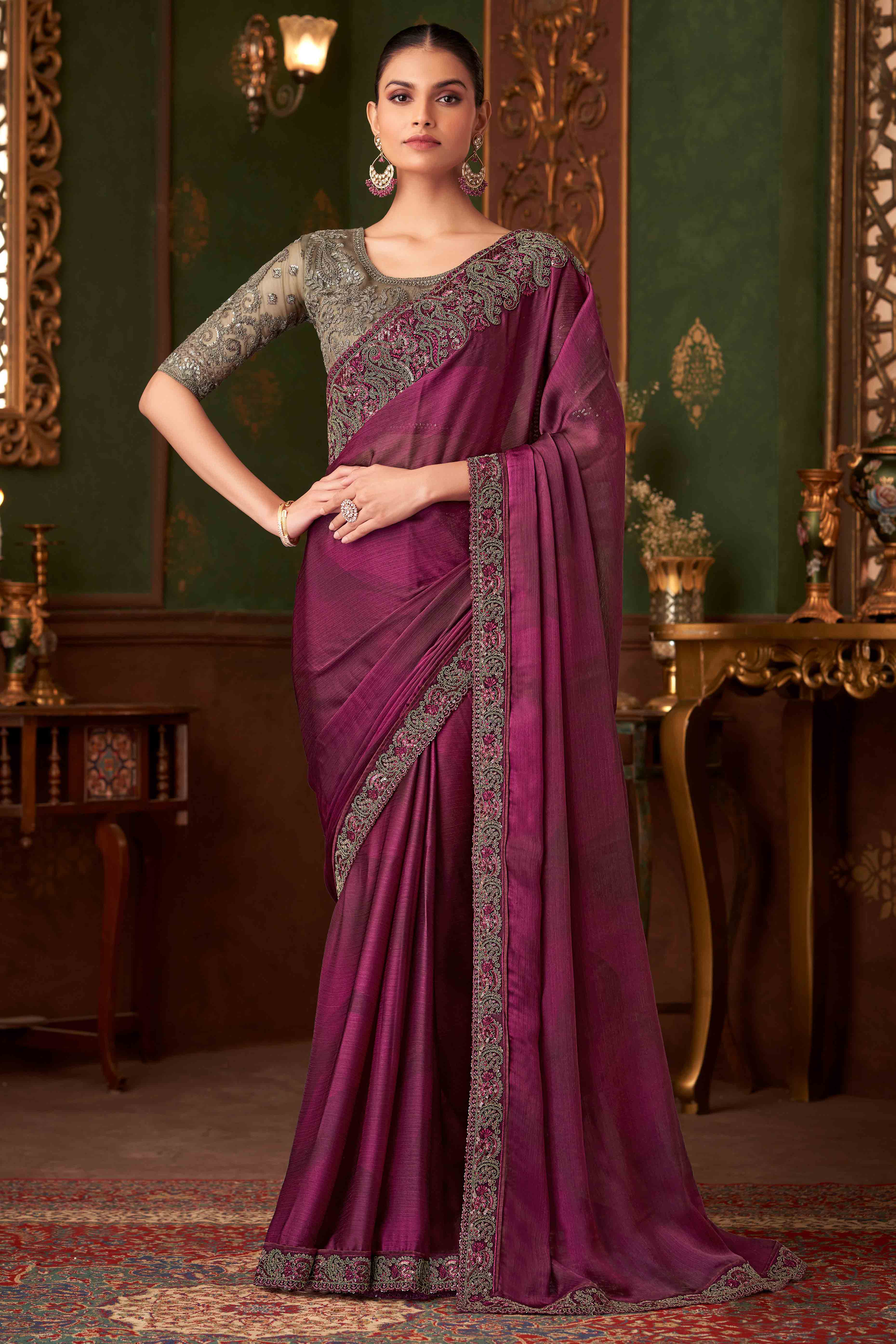 Magenta Sequins Embroidered Chiffon Saree