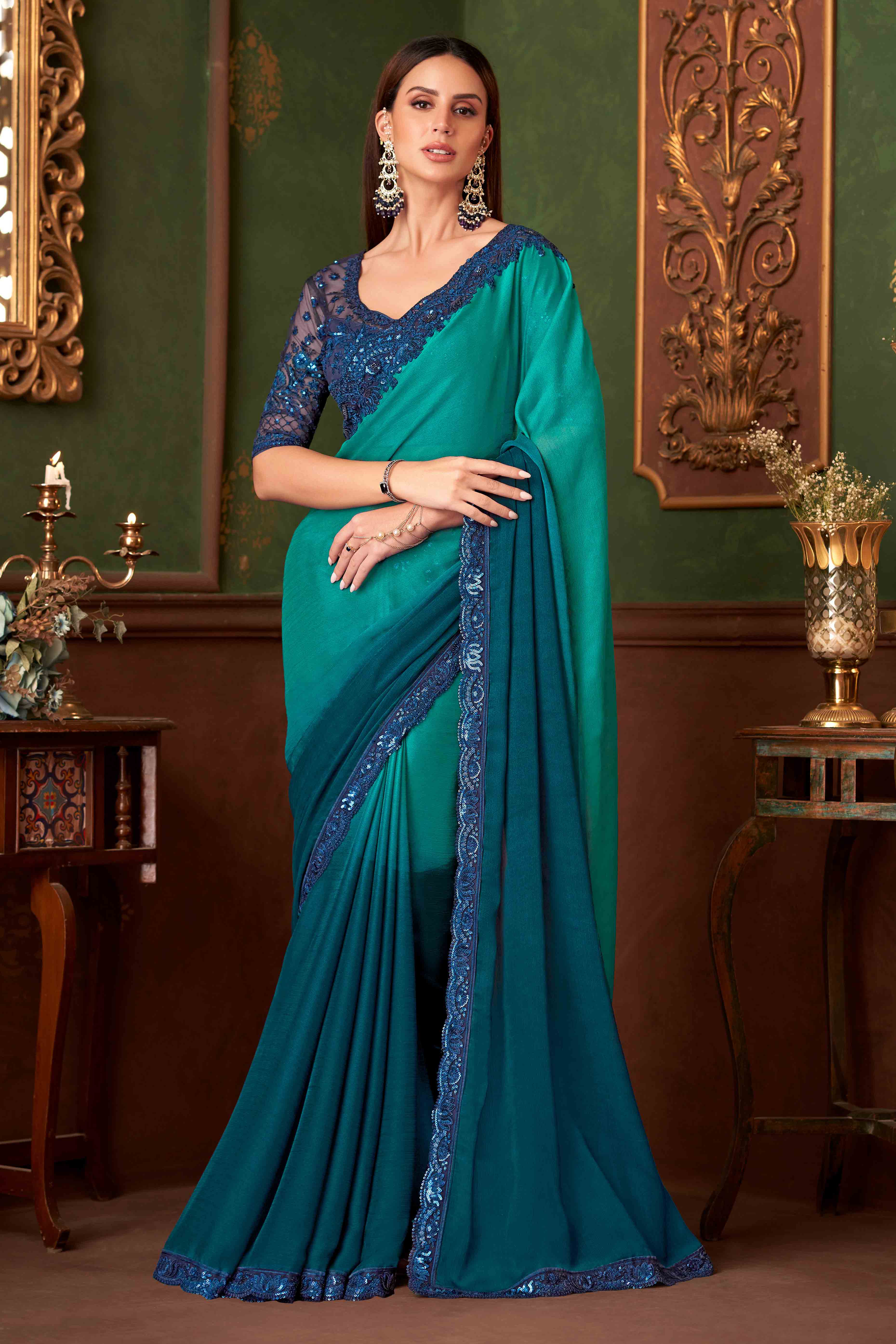 Morpich Green Sequins Embroidered Chiffon Saree