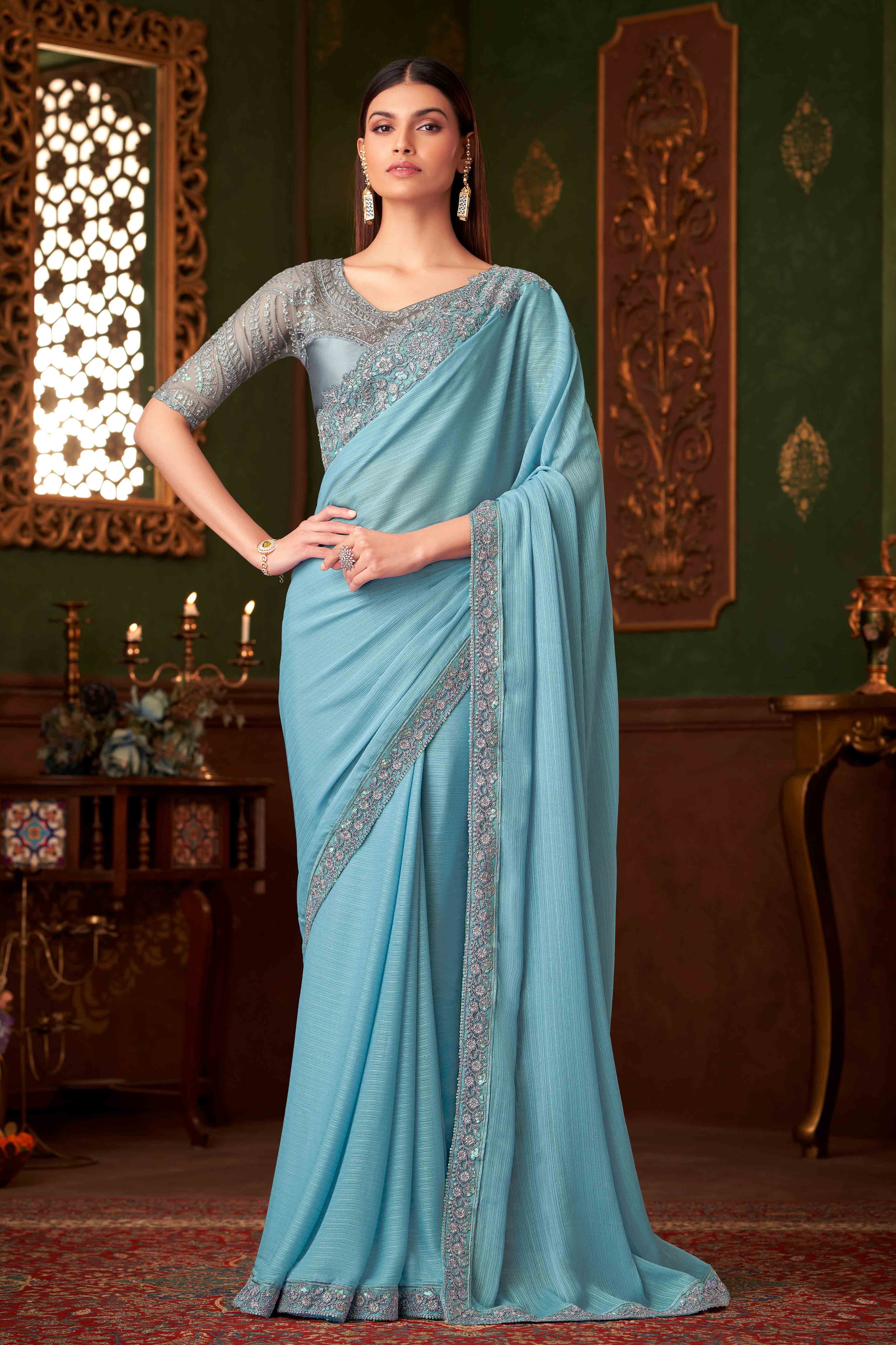 Sky Blue Sequins Embroidered Satin Saree