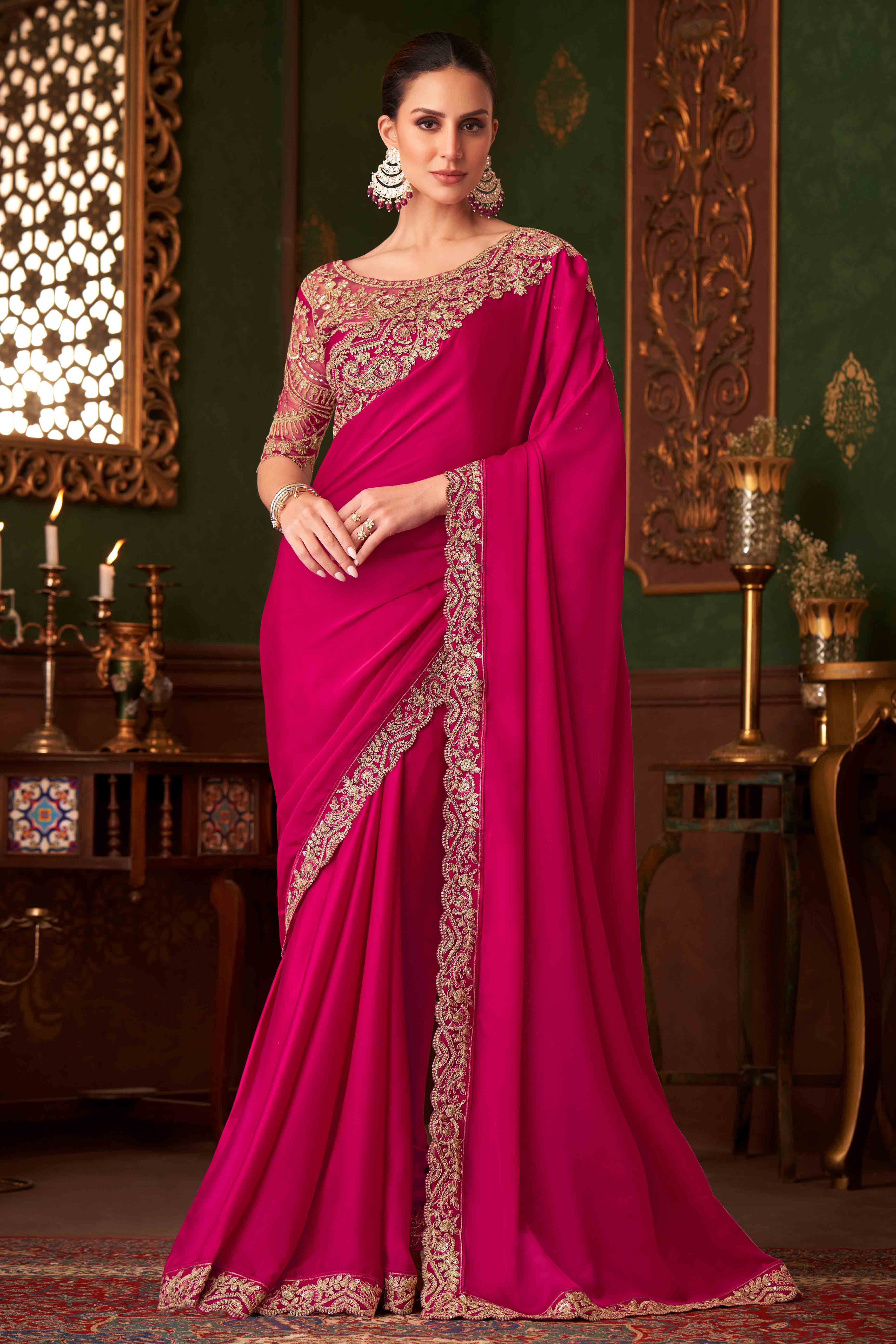 Hot Pink Sequins Embroidered Satin Saree