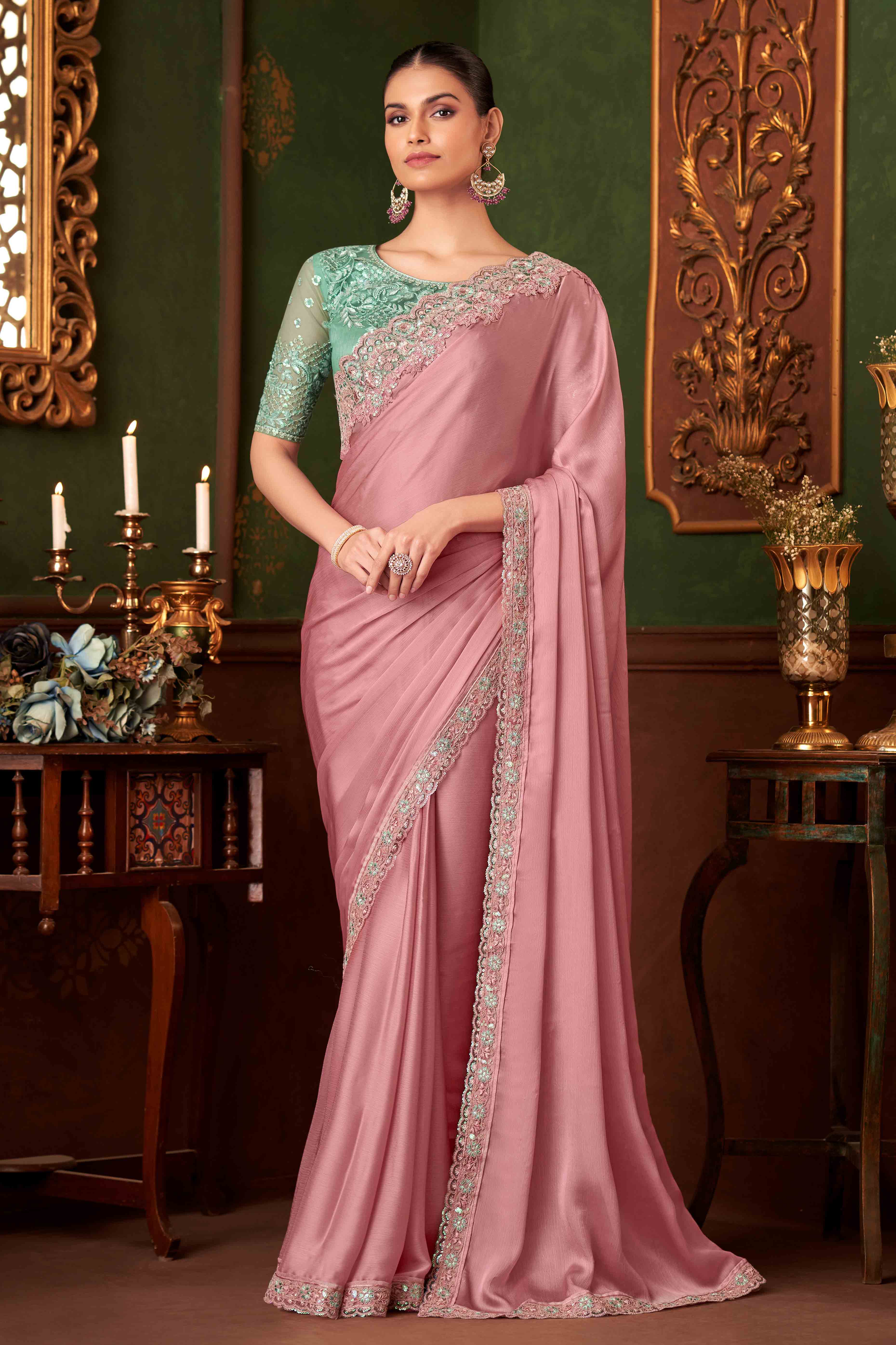 Pastel Pink Sequins Embroidered Chiffon Saree