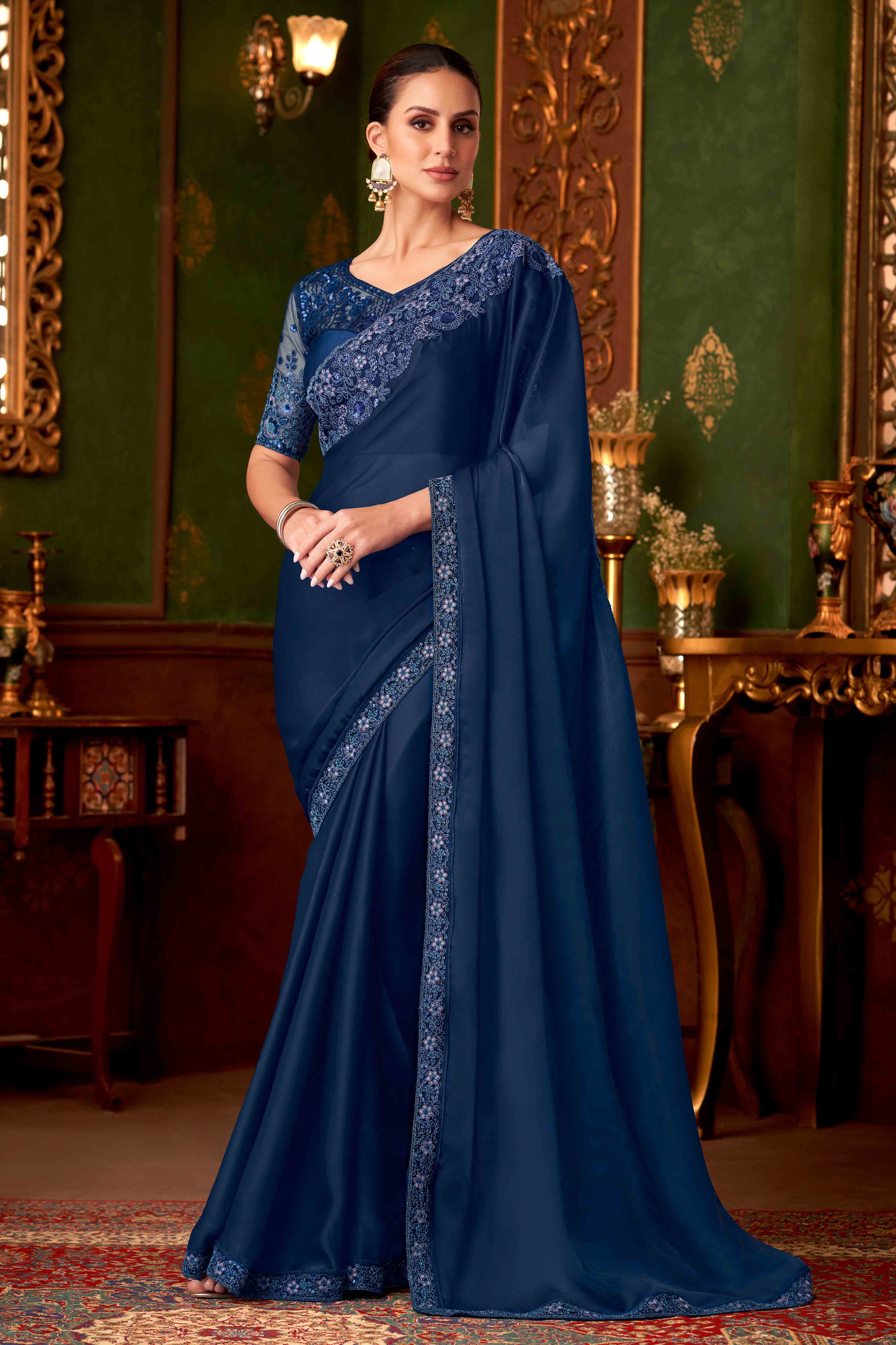 Navy Blue Sequins Embroidered Satin Saree