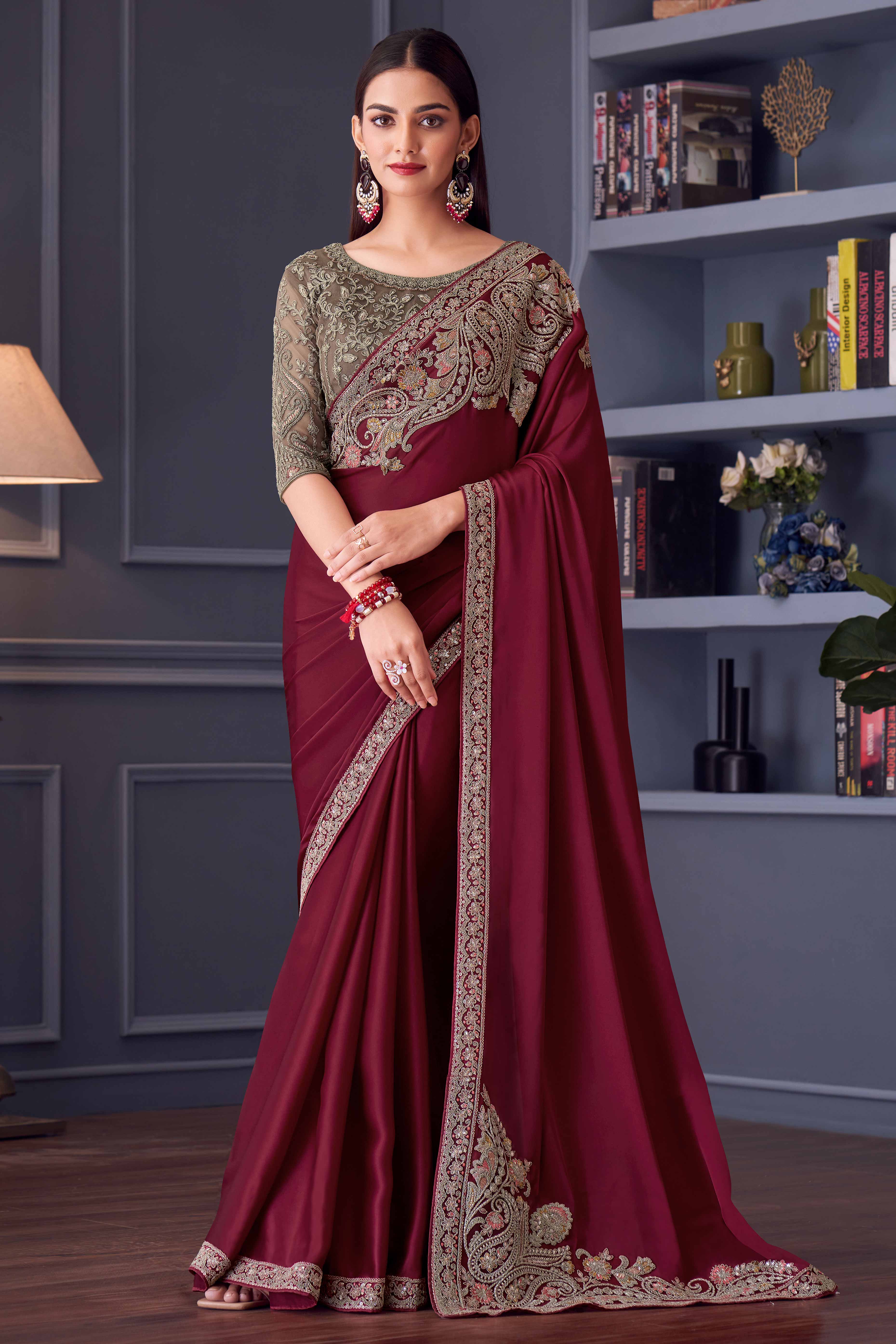 Maroon Sequins Embroidered Satin Saree