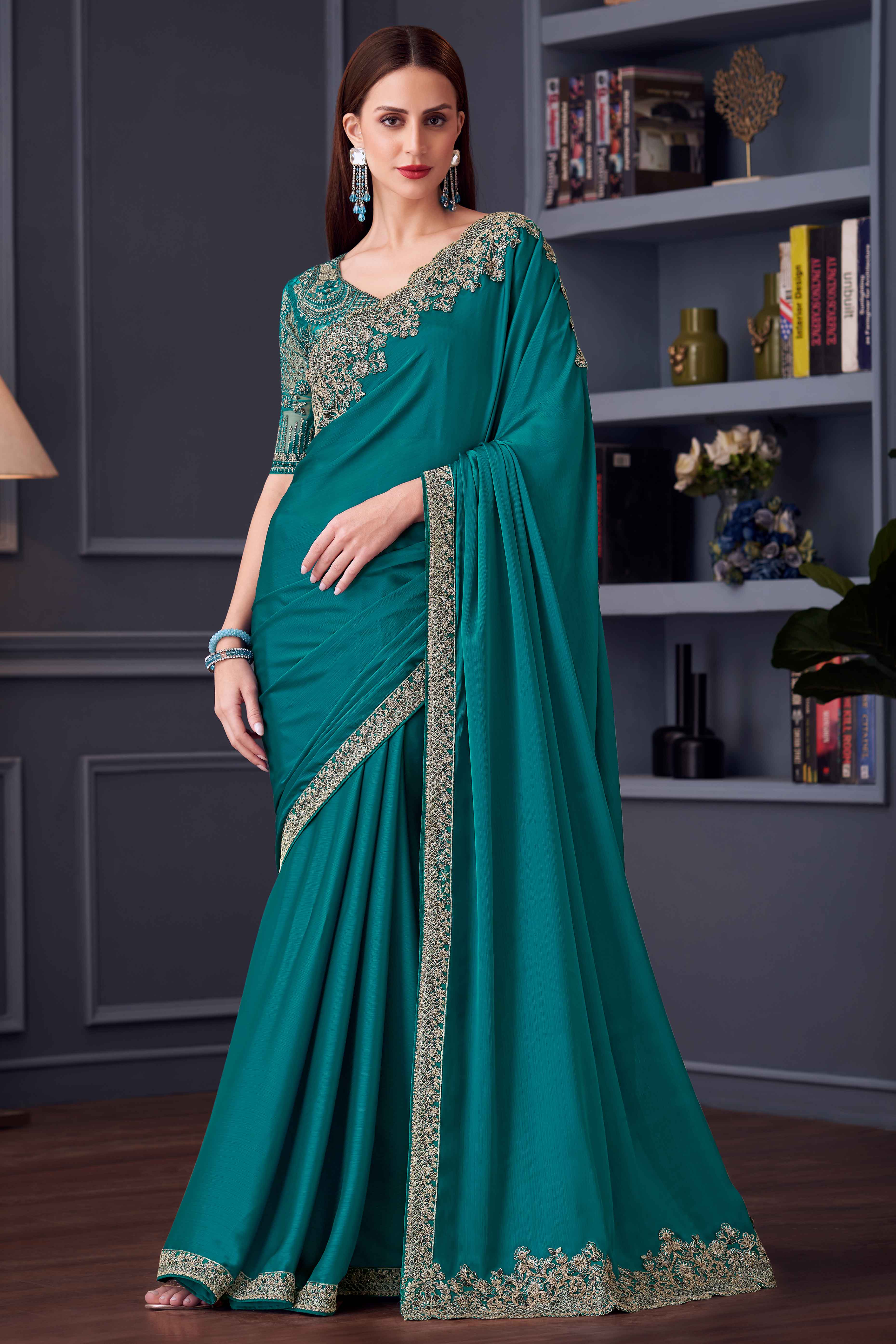 Teal Sequins Embroidered Satin Saree