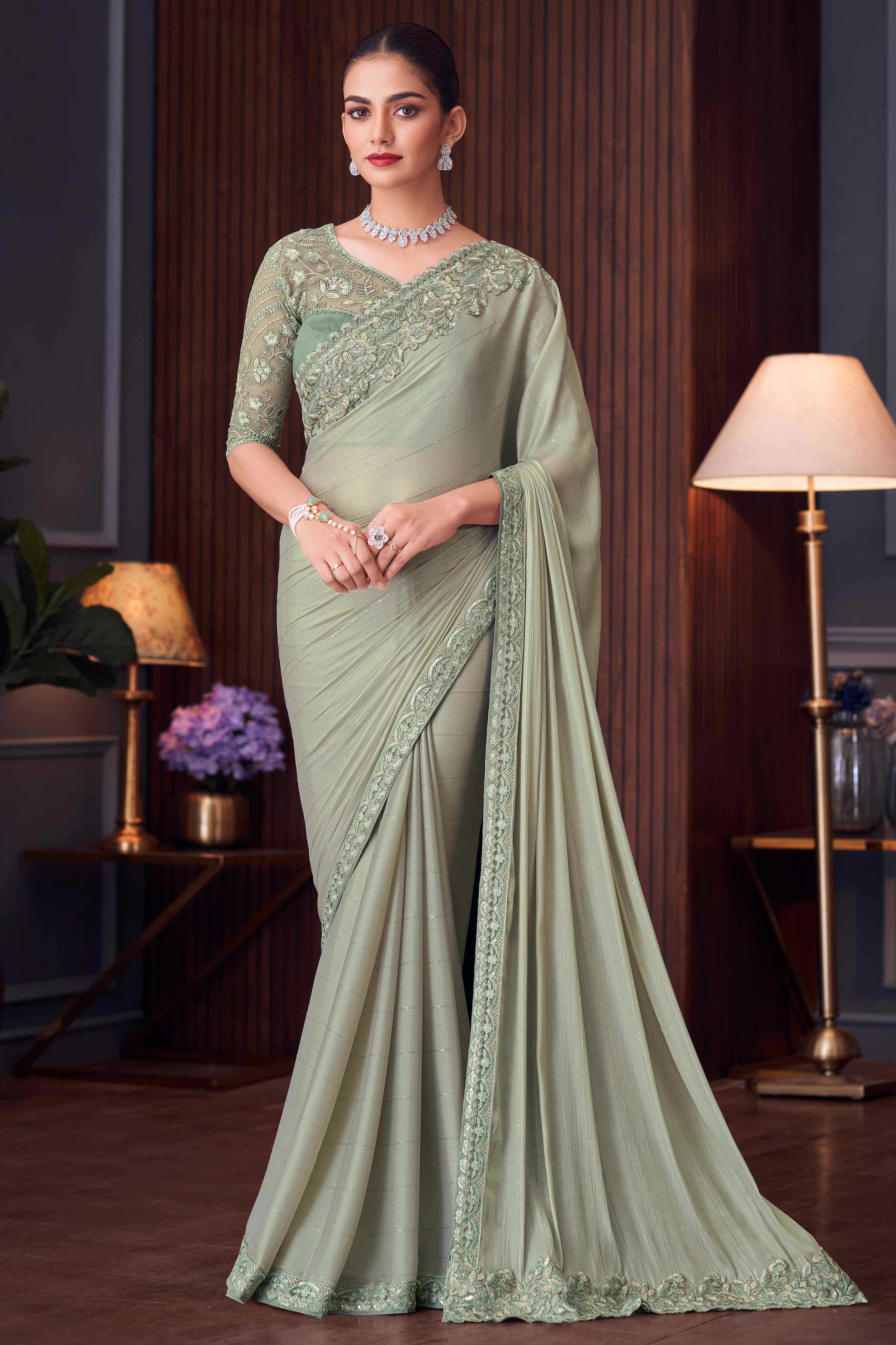 Dusty Green Sequins Embroidered Crepe Saree