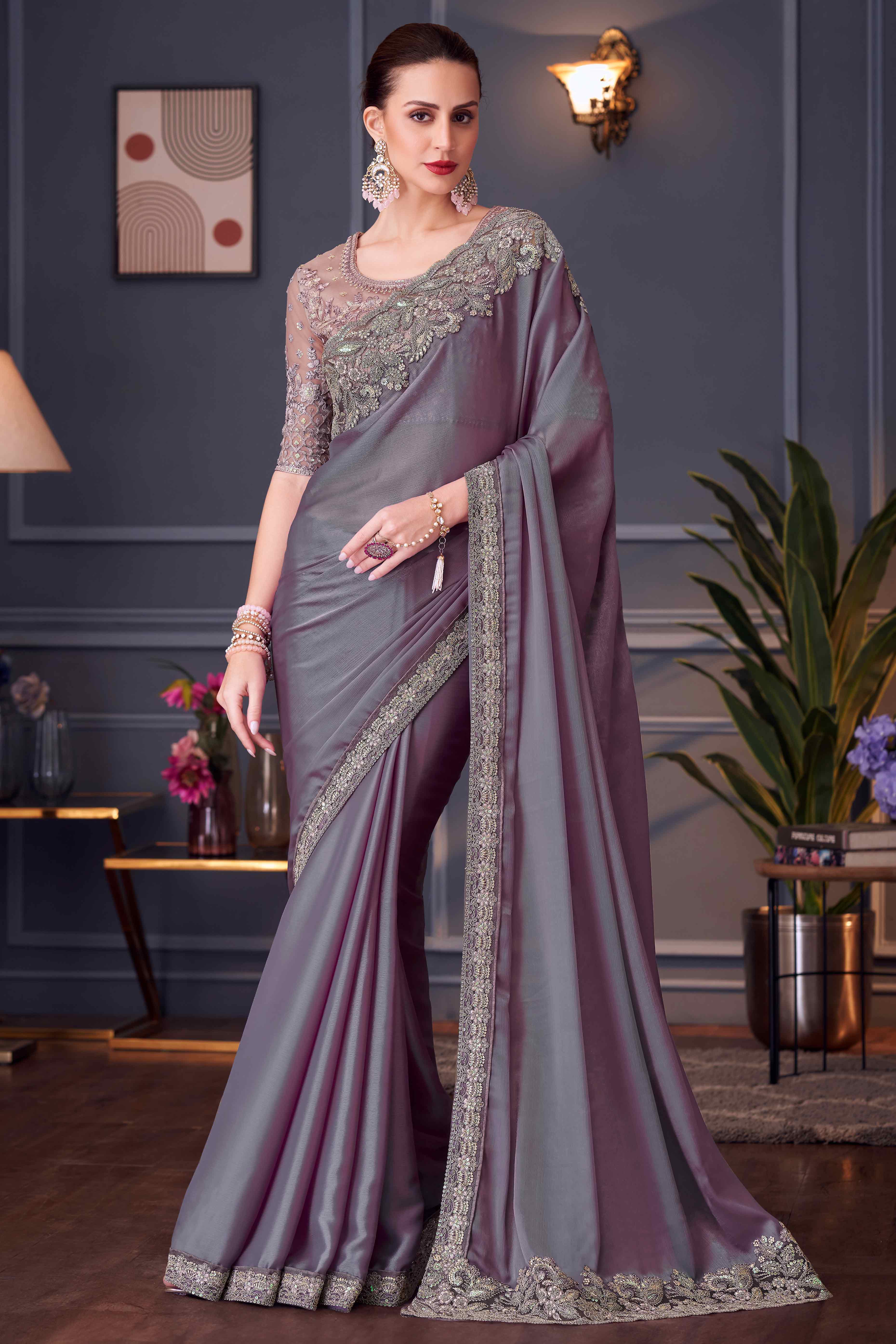 Soft Lavender Sequins Embroidered Chiffon Saree