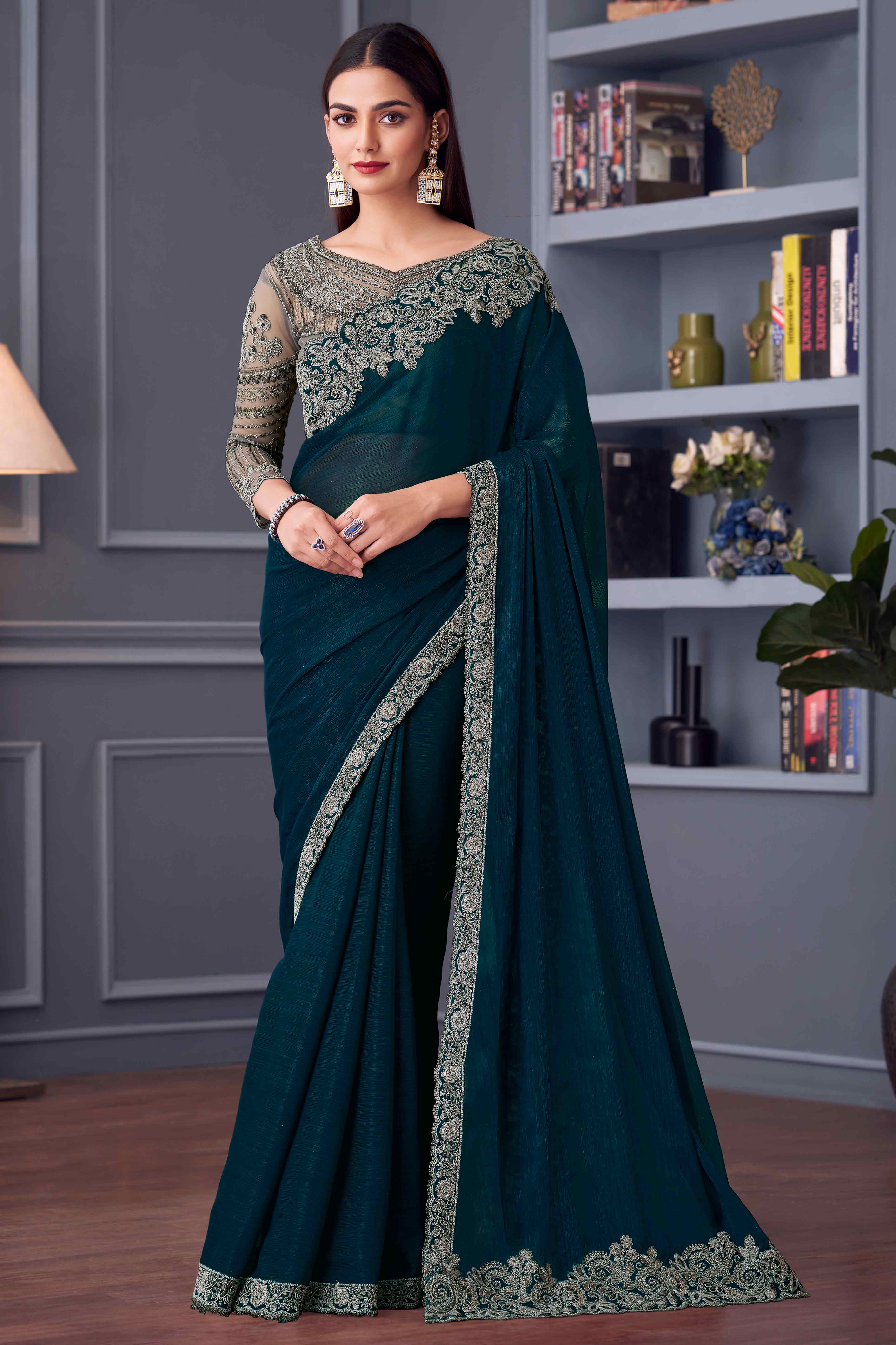 Morpich Green Sequins Embroidered Georgette Saree