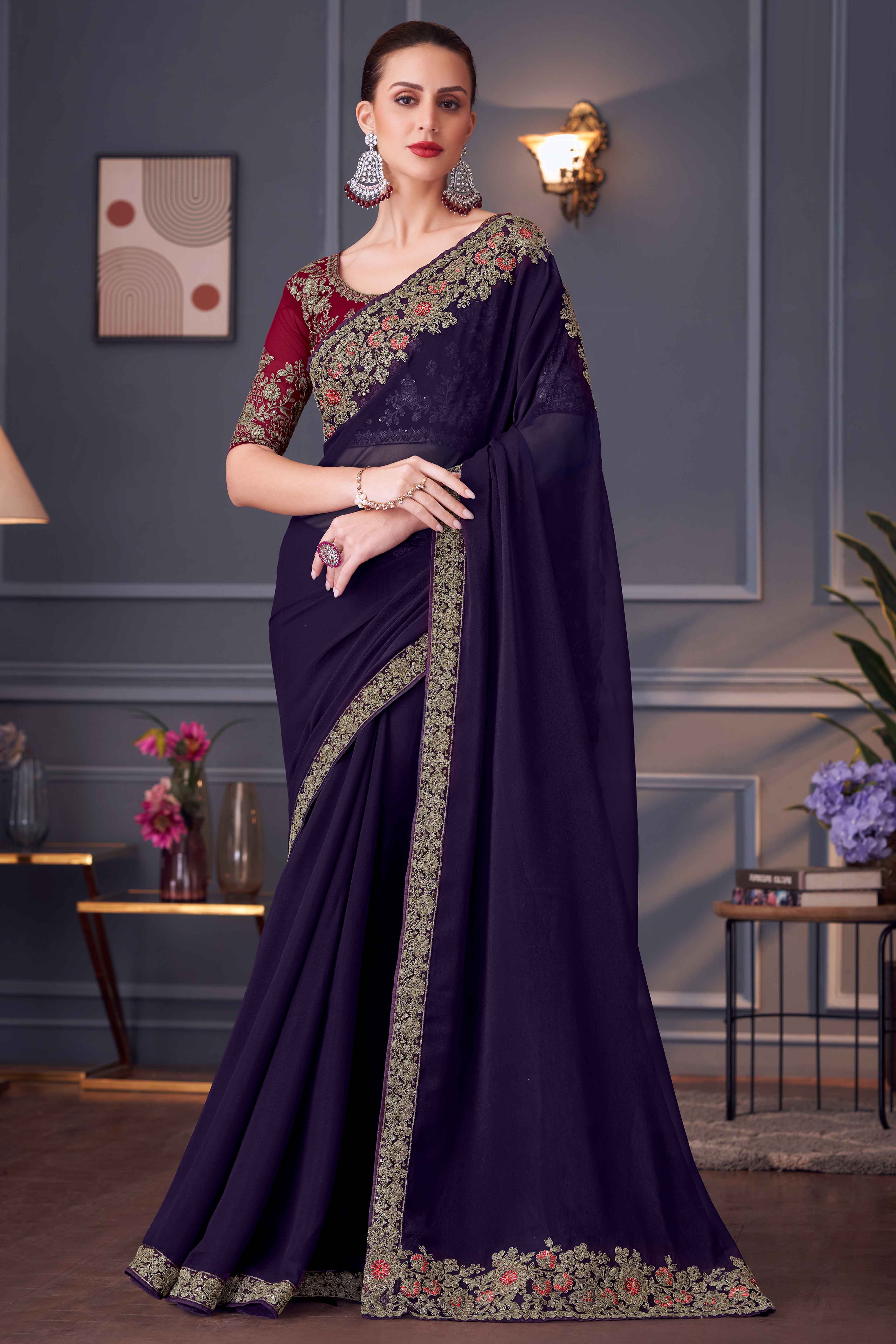 Purple Sequins Embroidered Georgette Saree