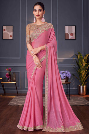 Pink Sequins Embroidered Satin Saree