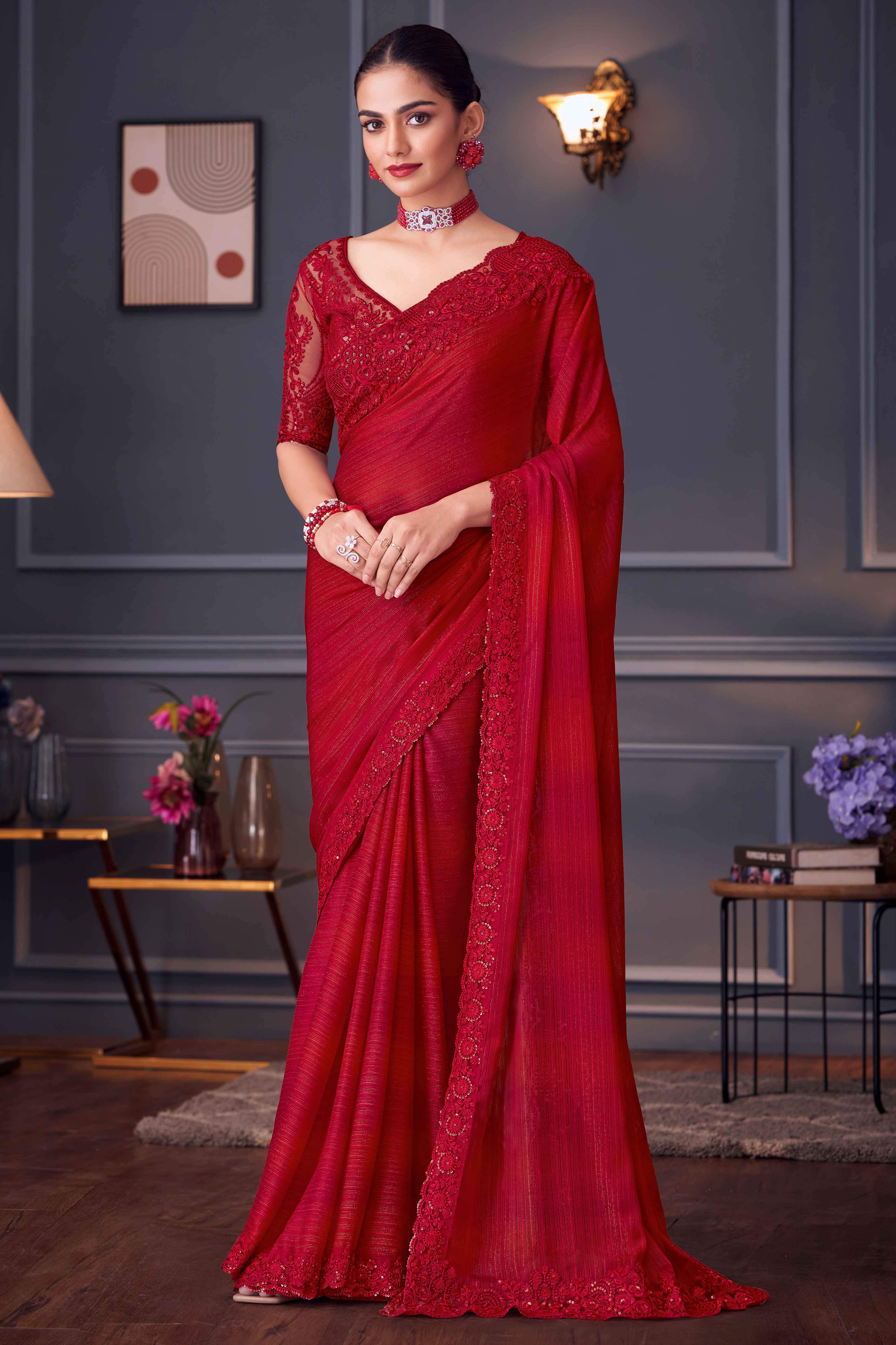 Red Sequins Embroidered Satin Saree