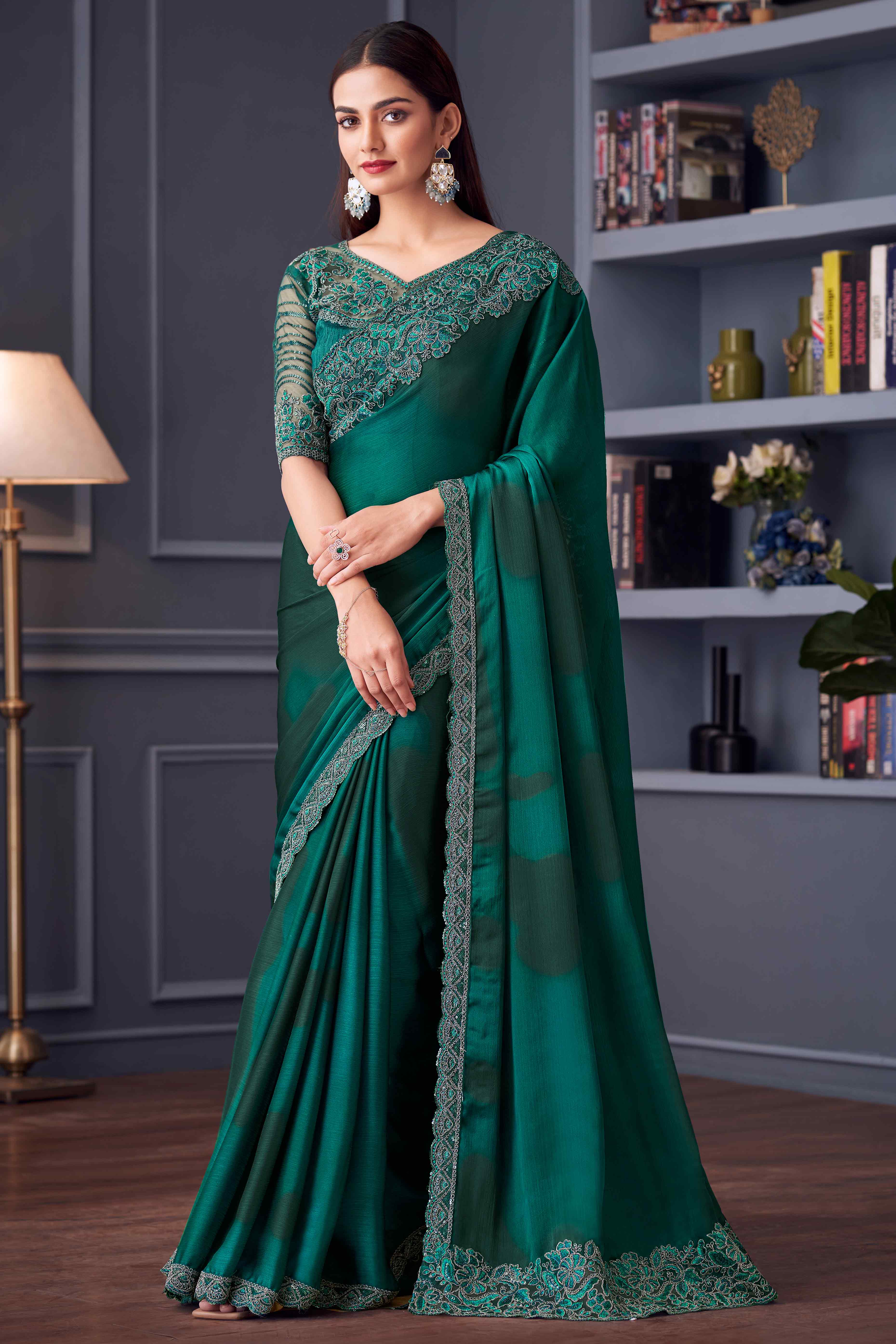 Green Sequins Embroidered Satin Saree