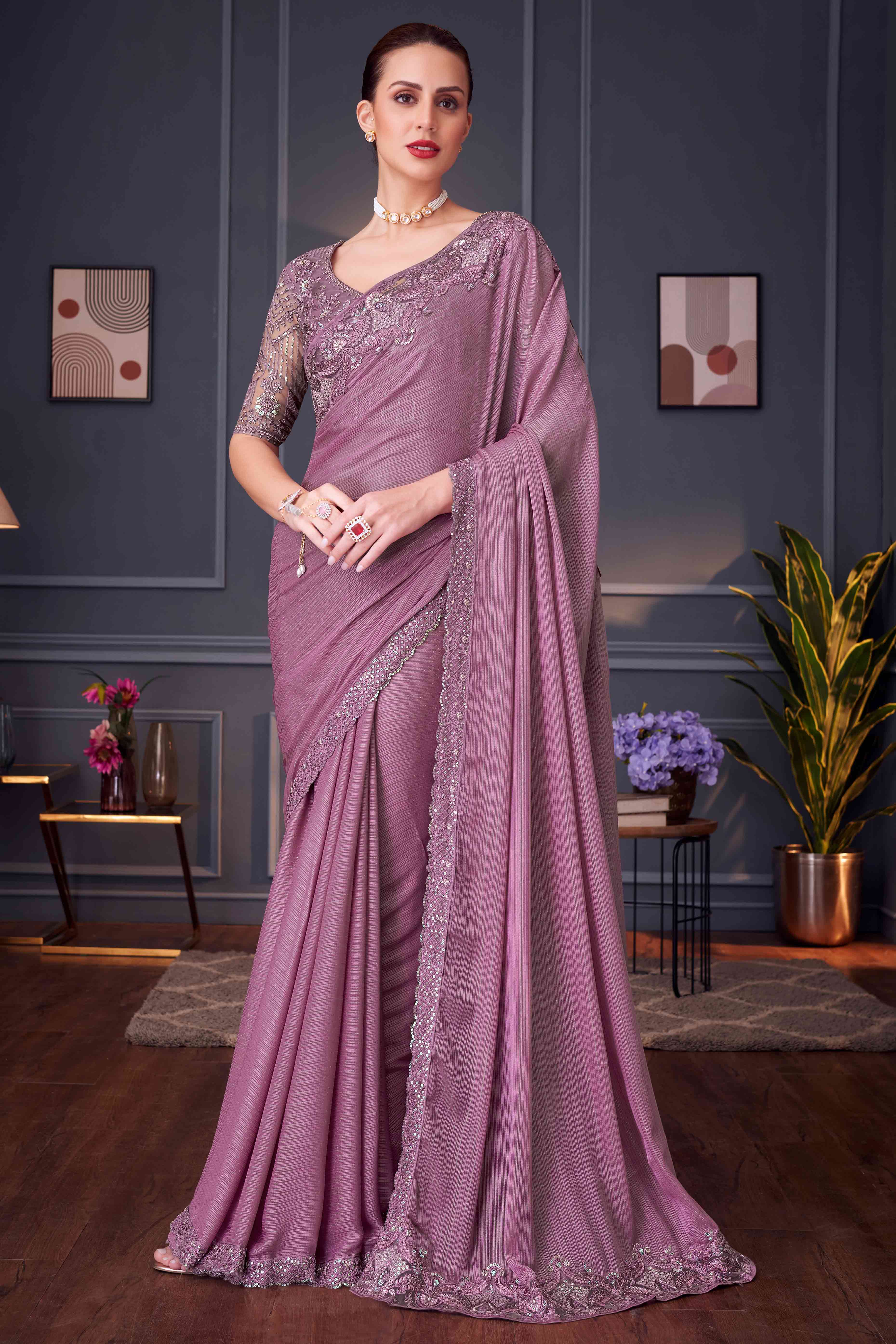 Mauve Sequins Embroidered Satin Saree