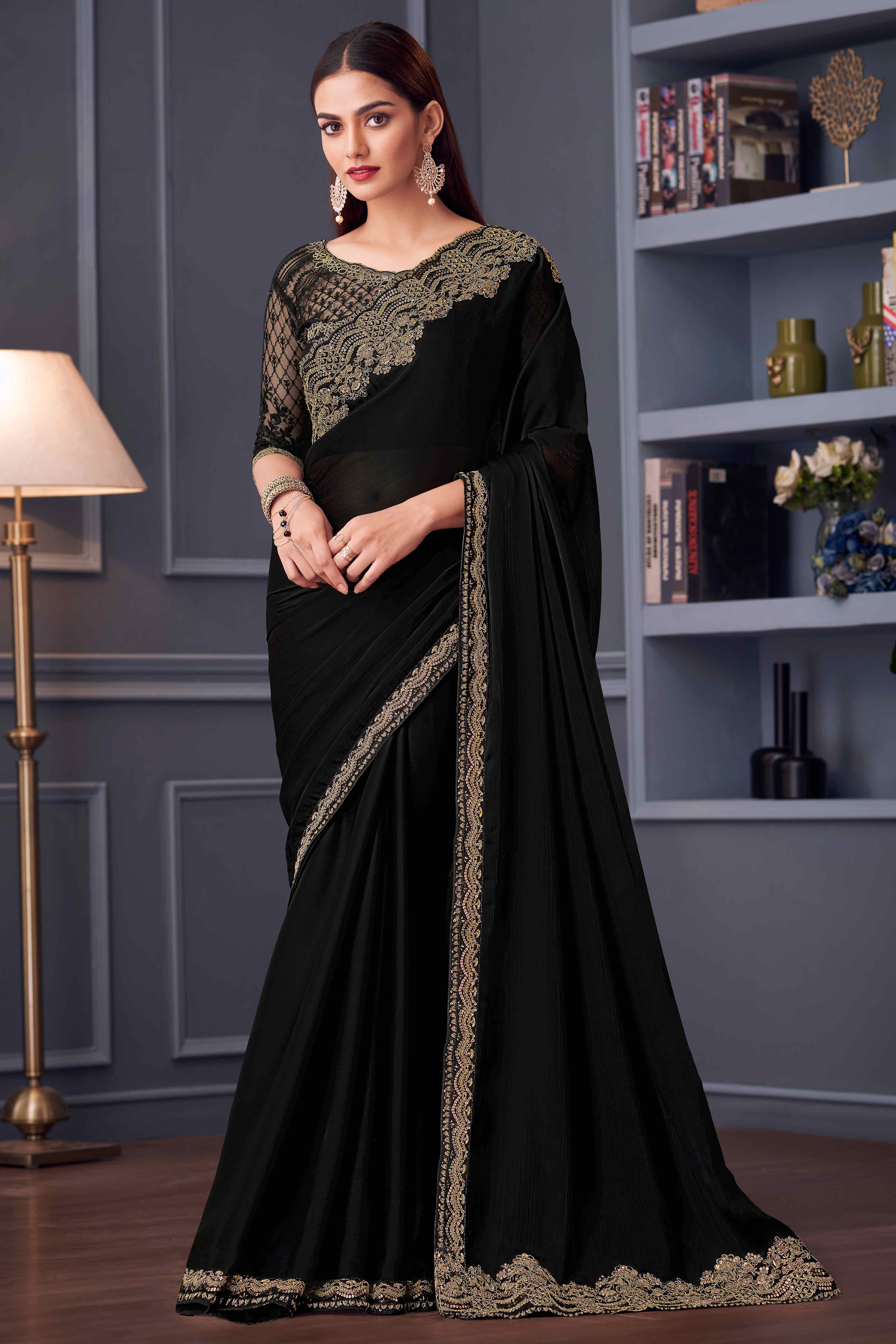 Black Sequins Embroidered Satin Saree