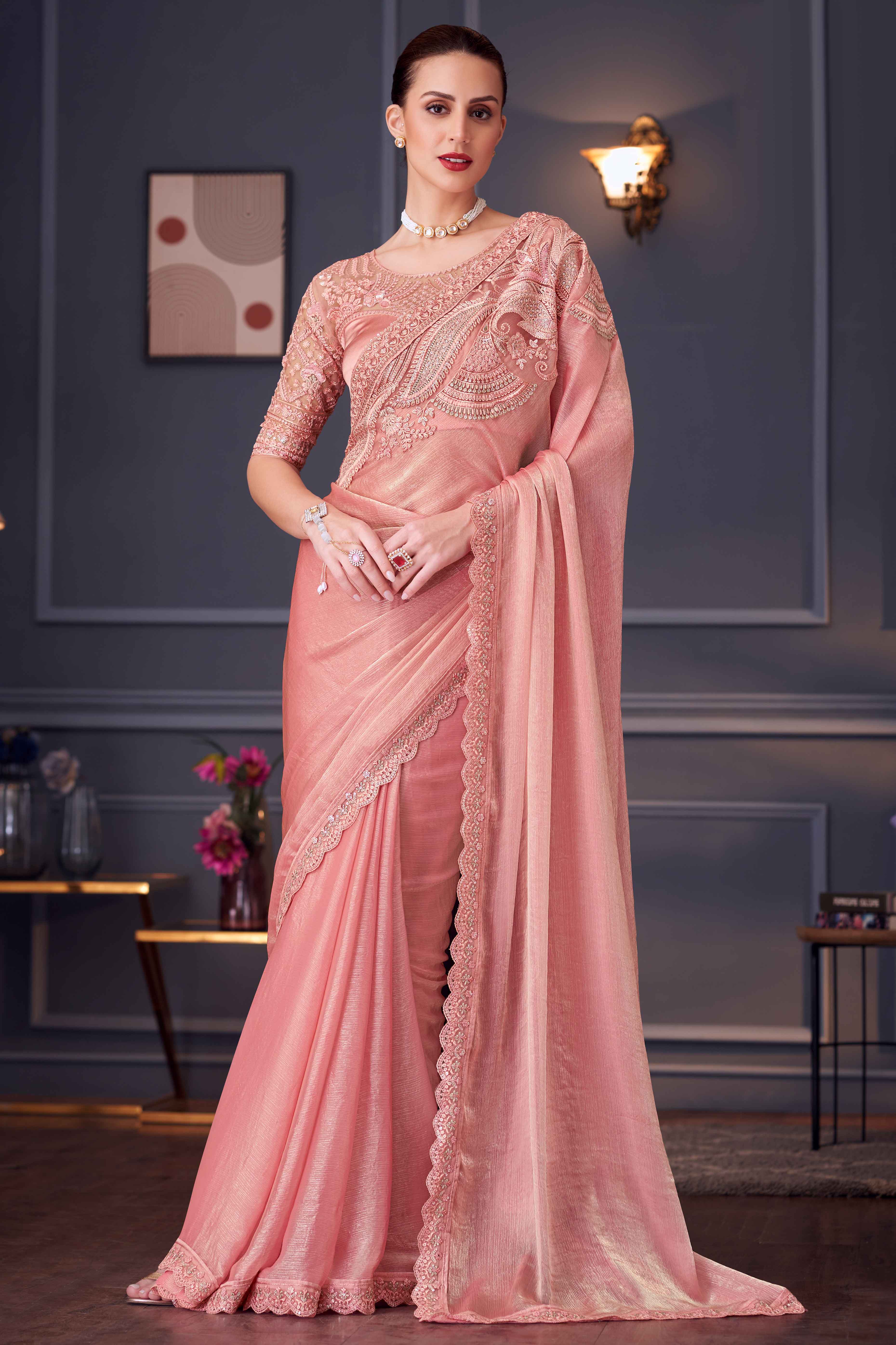 Peach Sequins Embroidered Chiffon Saree