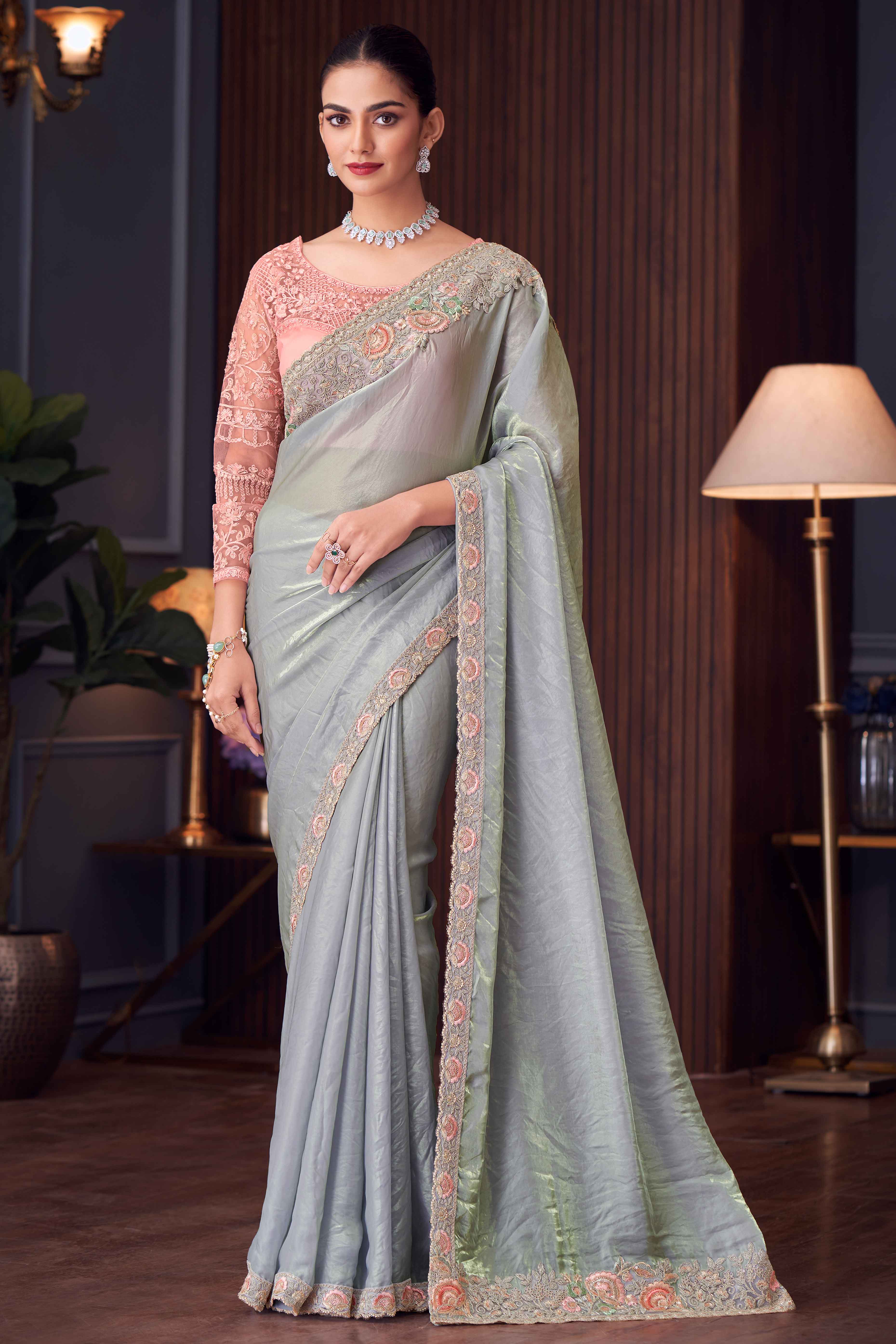 Grey Sequins Embroidered Tissue Saree