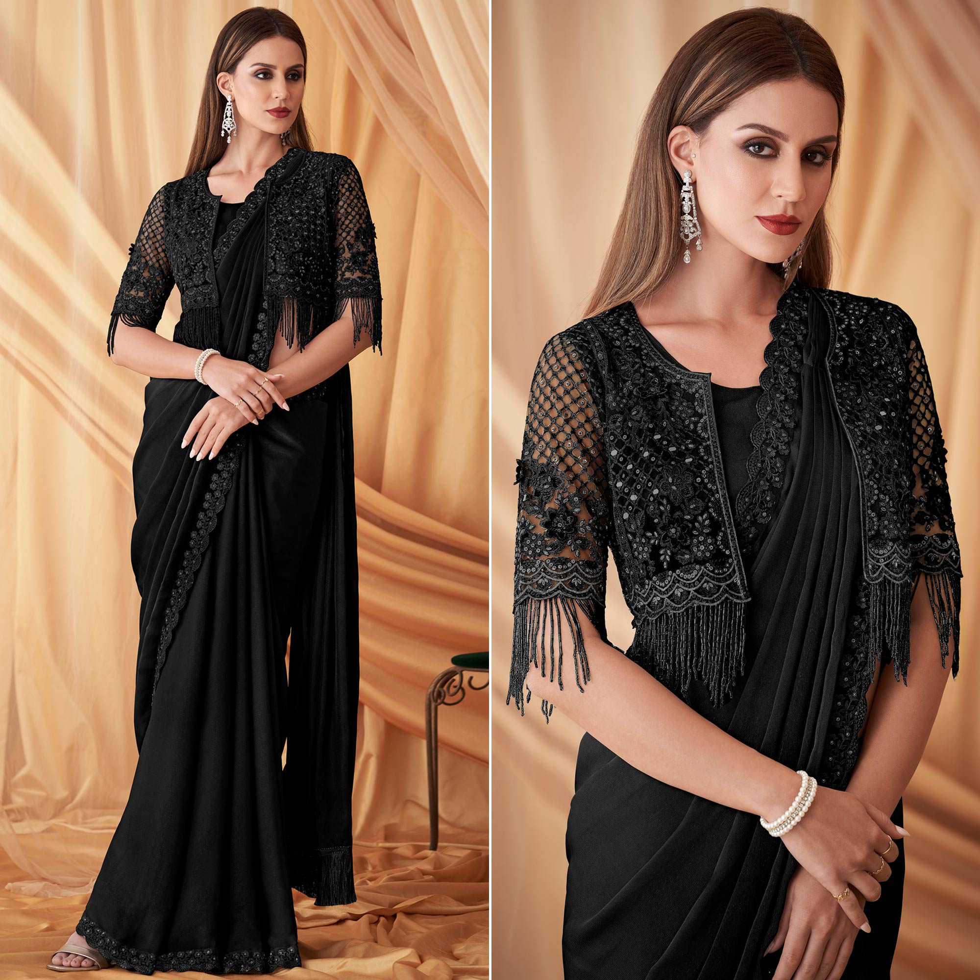 Black Embroidered Satin Saree With Jacket