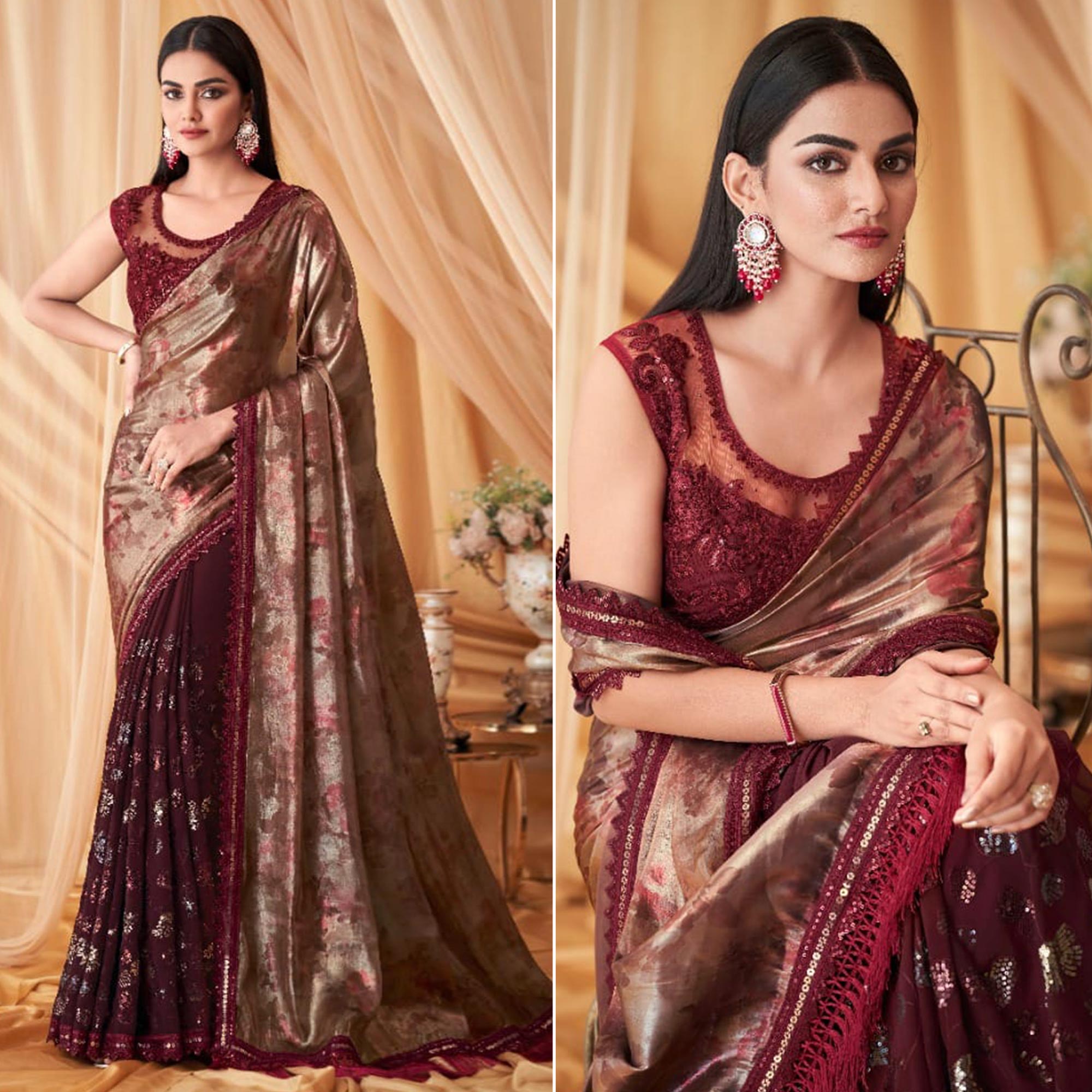 Maroon Sequins Embroidered Georgette Saree With Tassels