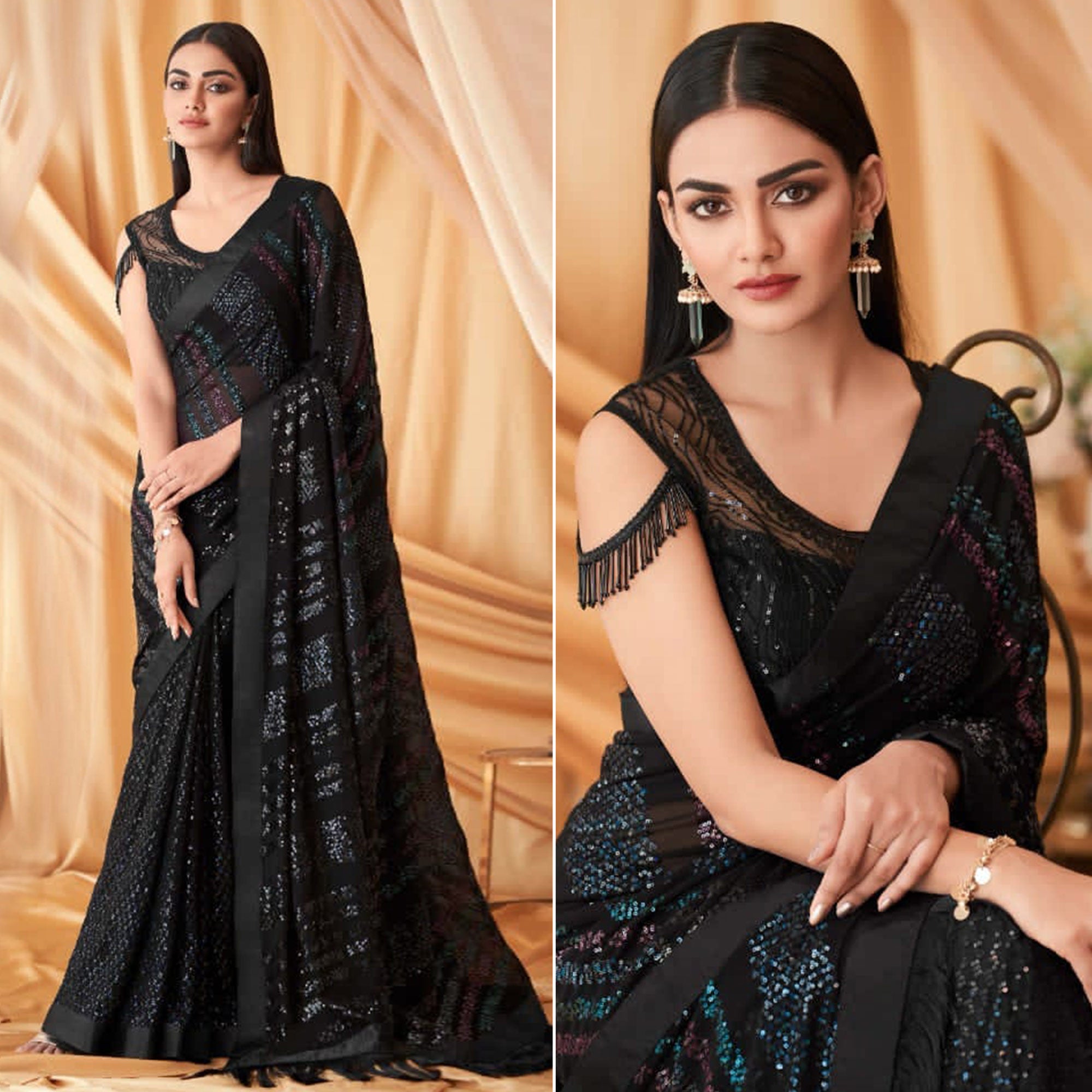 Black Sequins Embroidered Georgette Saree With Tassels