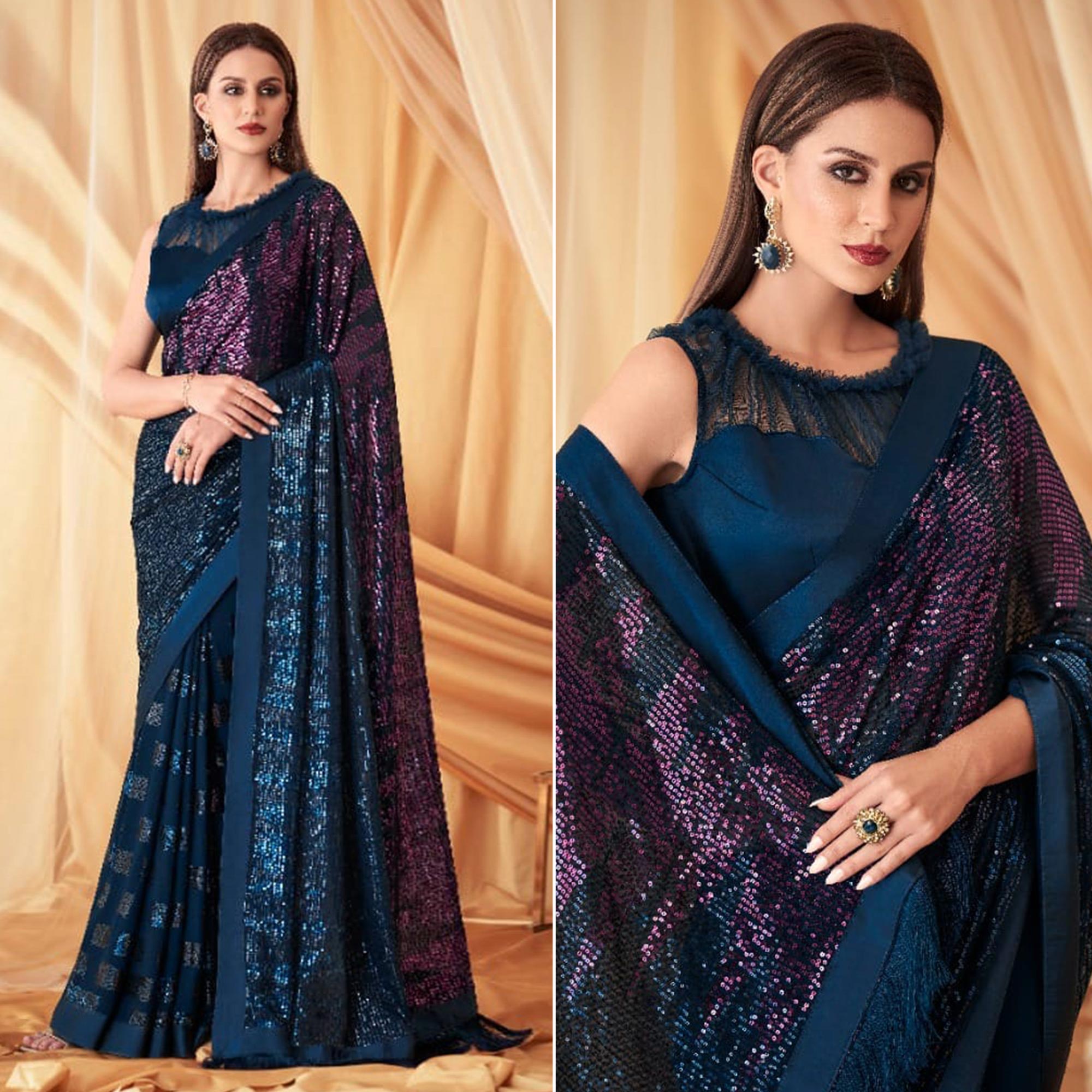 Blue Sequins Embroidered Georgette Saree With Tassels