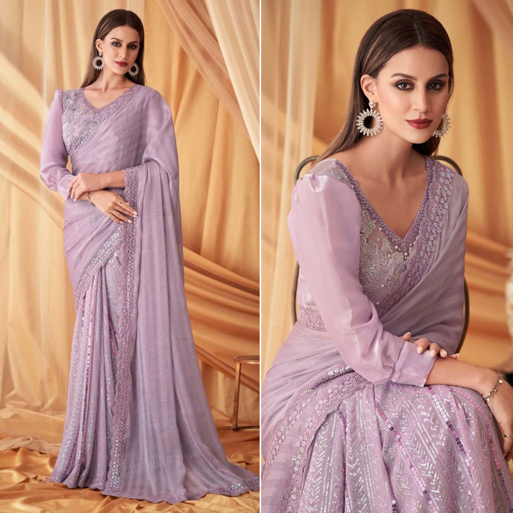 Light Purple Sequins Embroidered Georgette Saree With Tassels