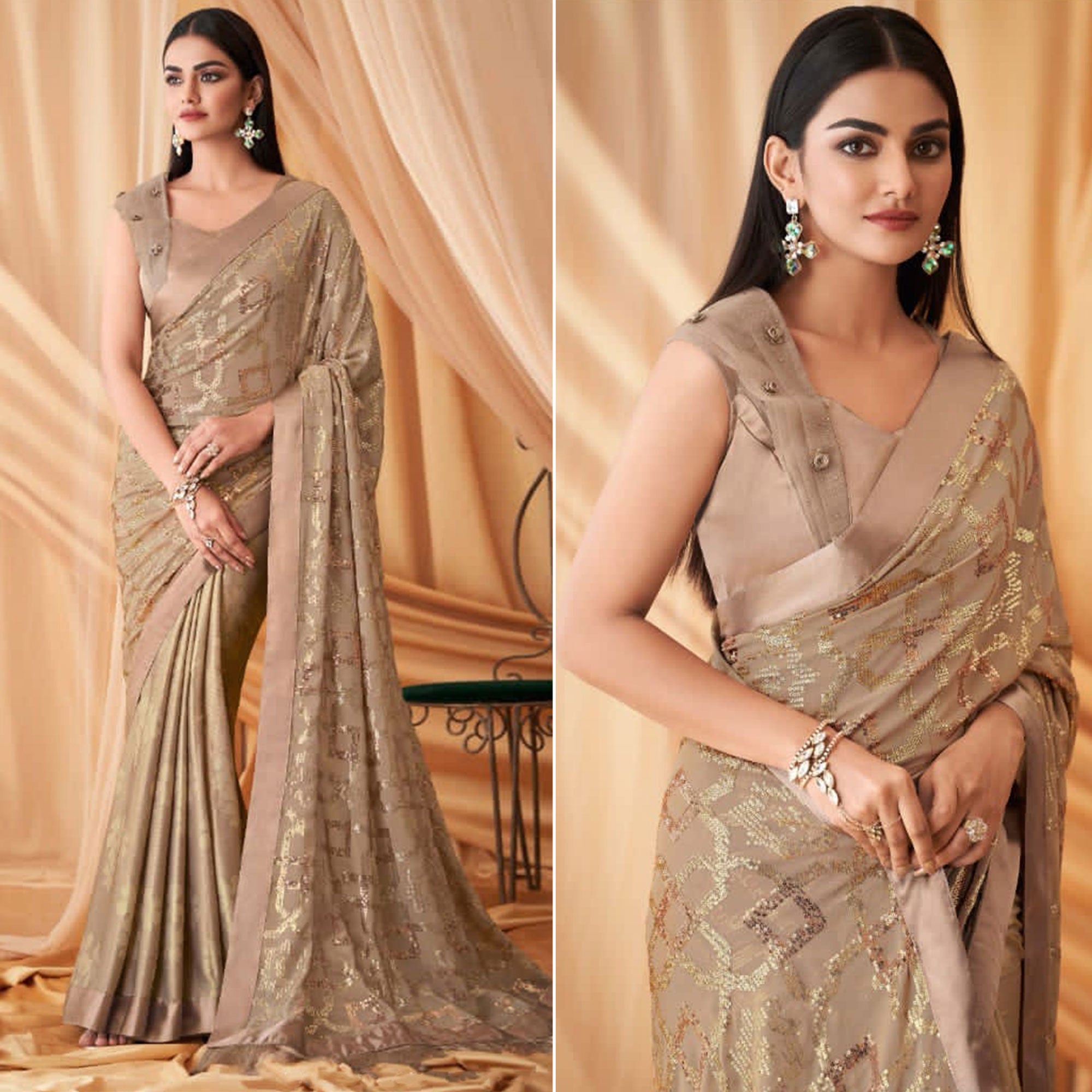 Beige Sequins Embroidered Georgette Saree With Tassels