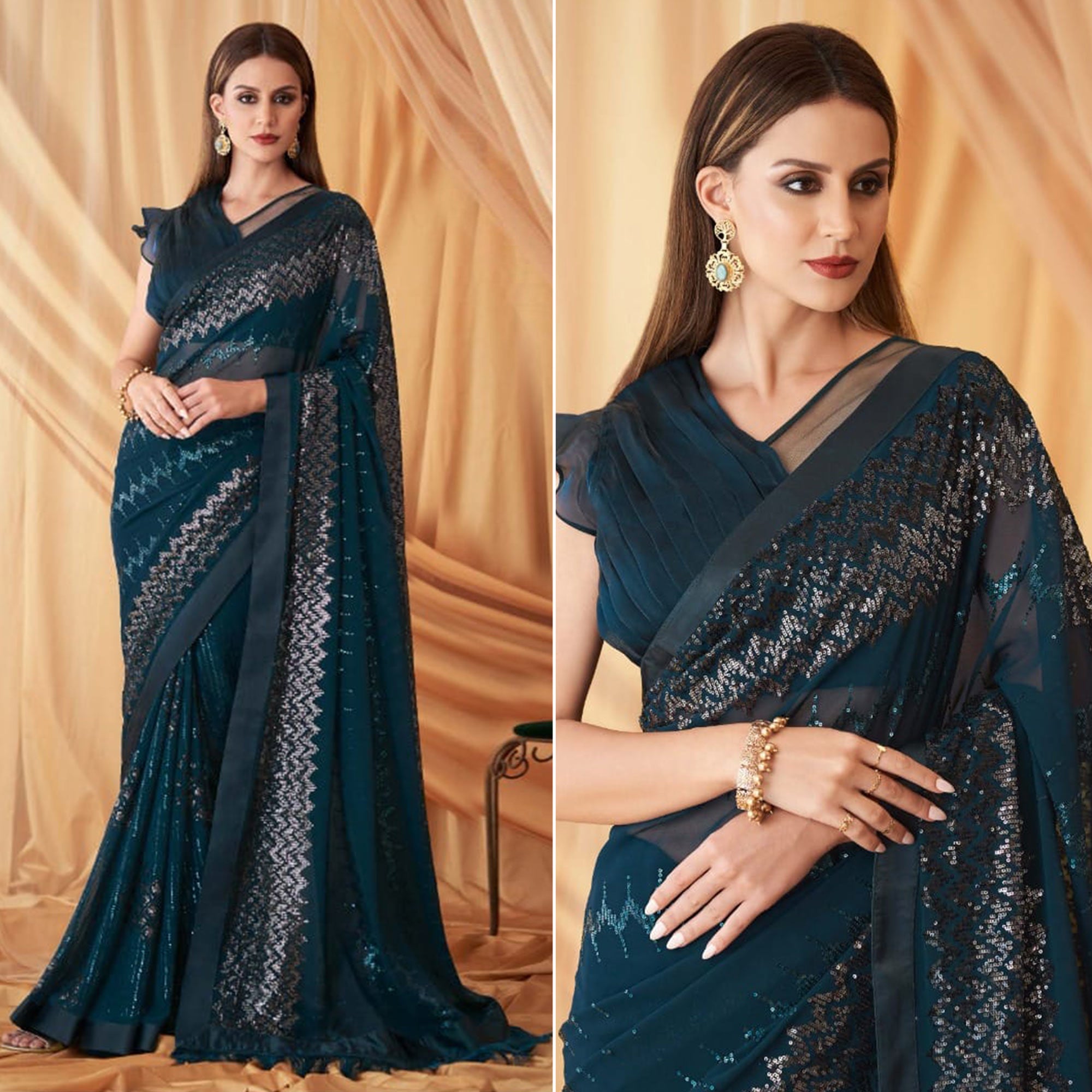 Teal Blue Sequins Embroidered Georgette Saree With Tassels
