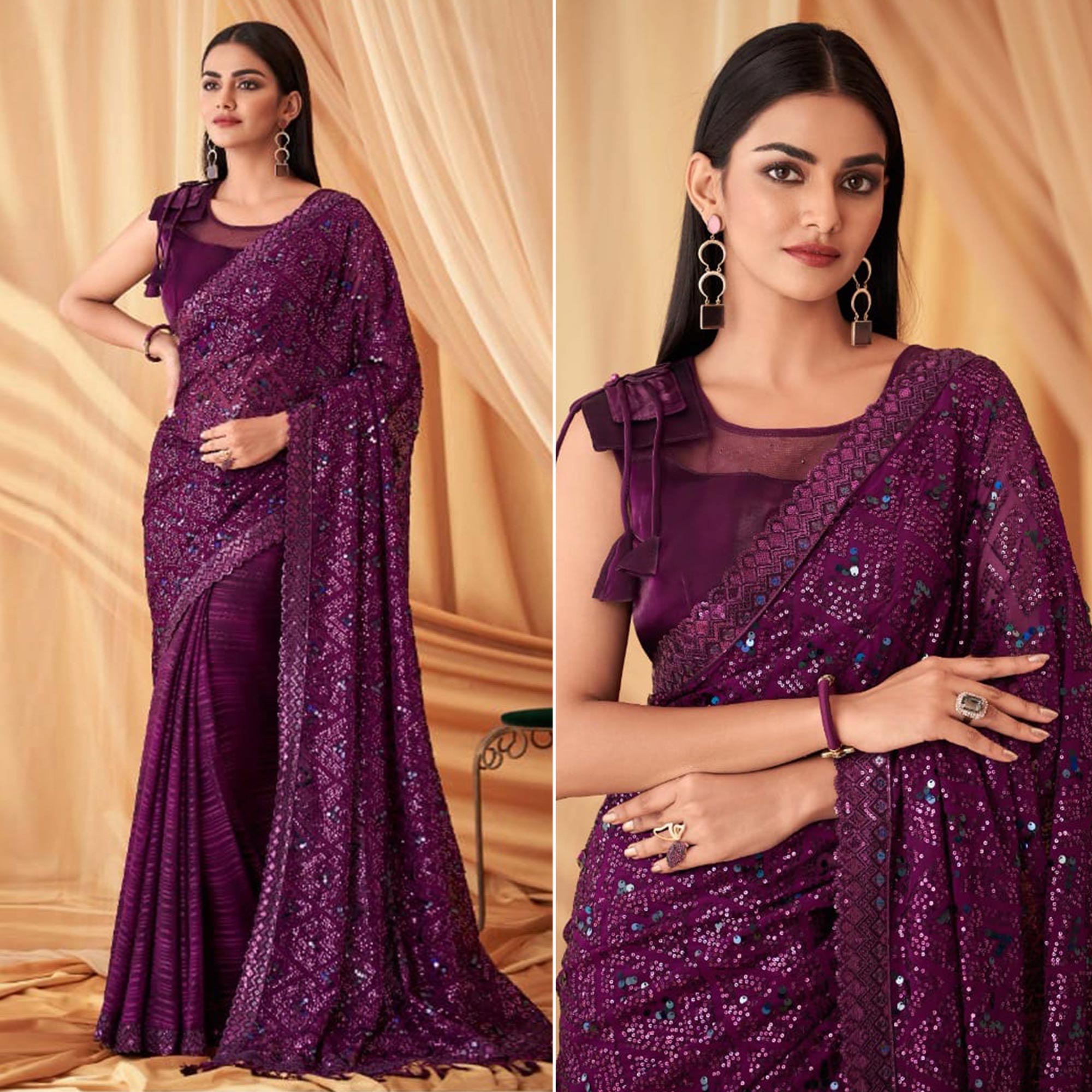 Purple Sequins Embroidered Georgette Saree With Tassels