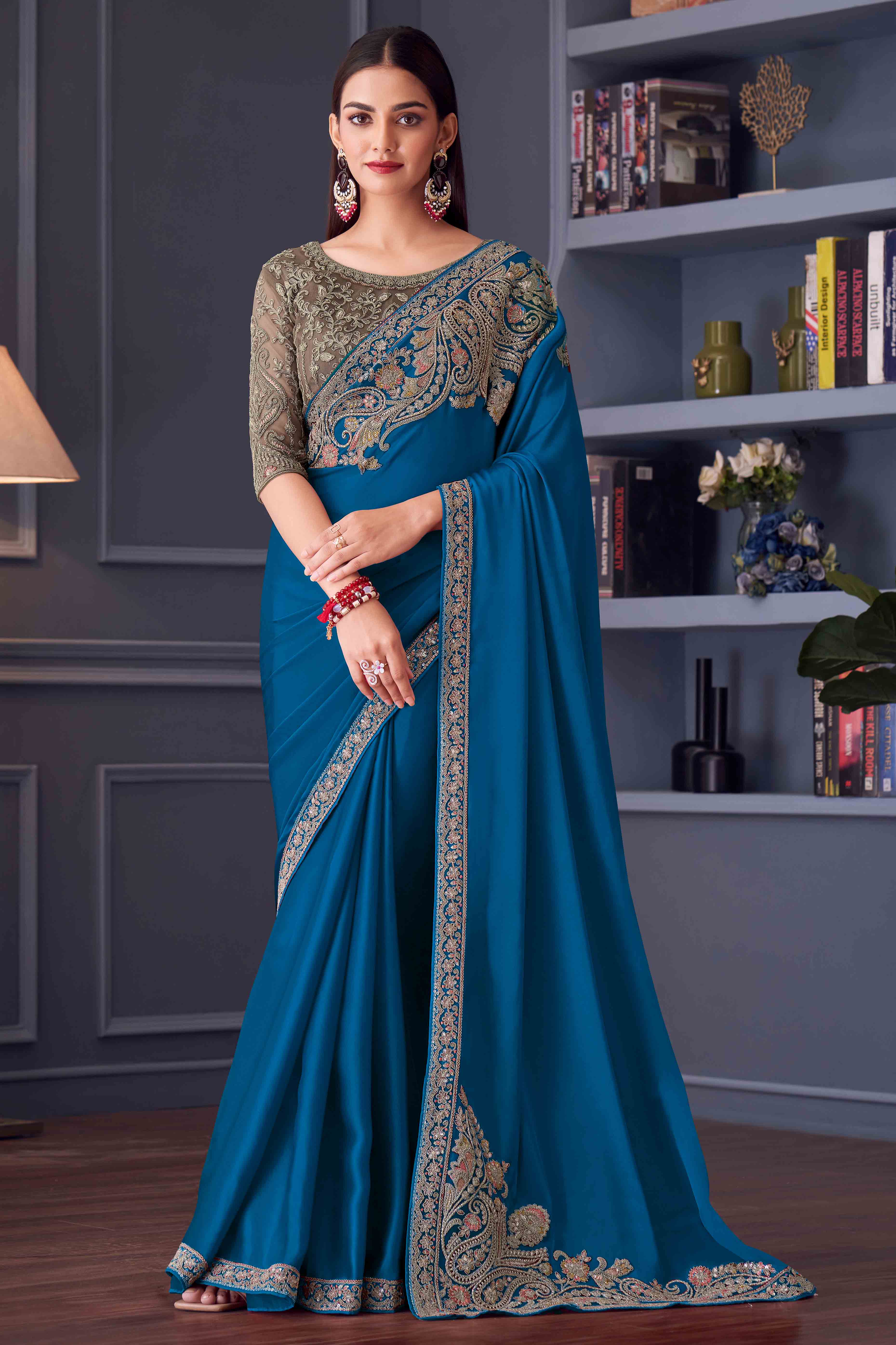 Blue Satin Saree Embellished with Sequin Work