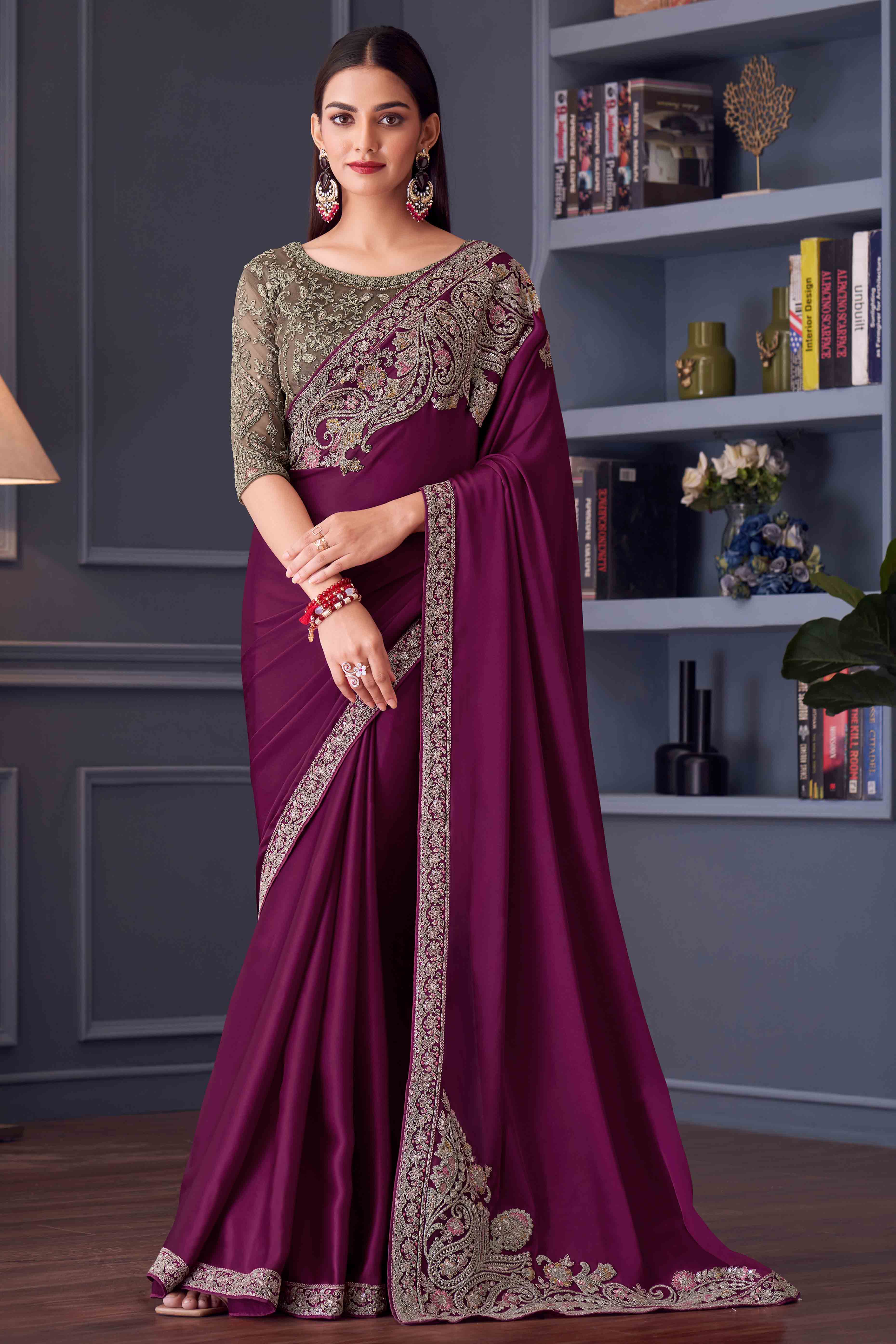 Purple Satin Saree Embellished with Sequin Work