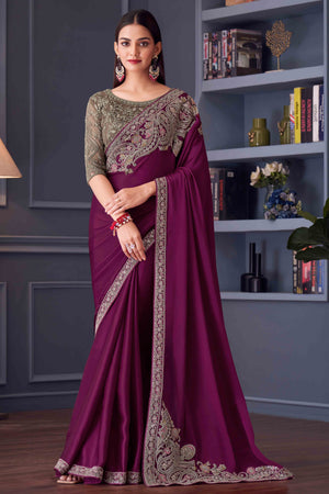 Purple Satin Saree Embellished with Sequin Work