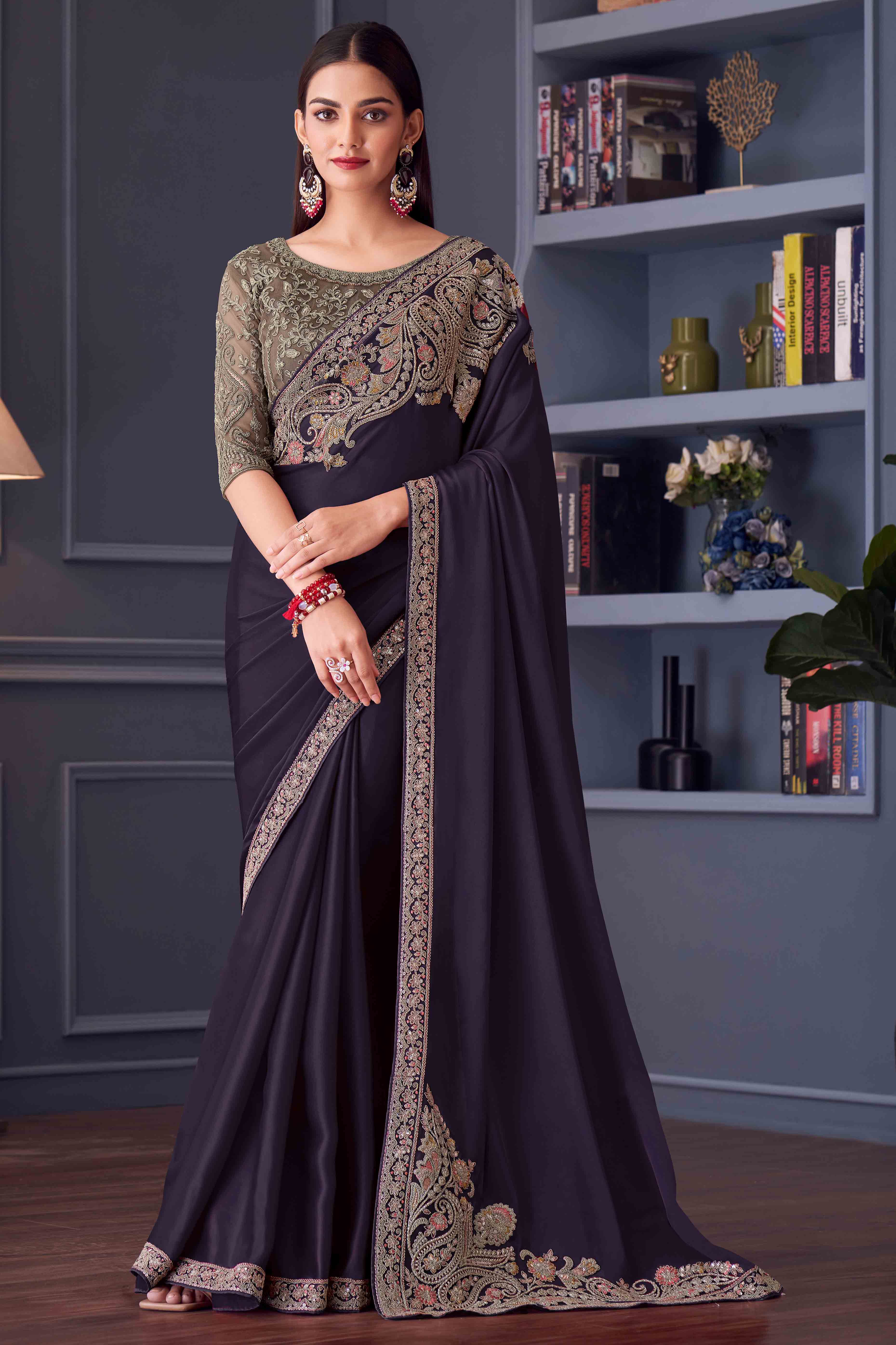 Wine Satin Saree Embellished with Sequin Work