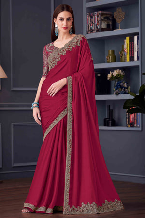 Dark Pink Chiffon Saree with Embellished Border
