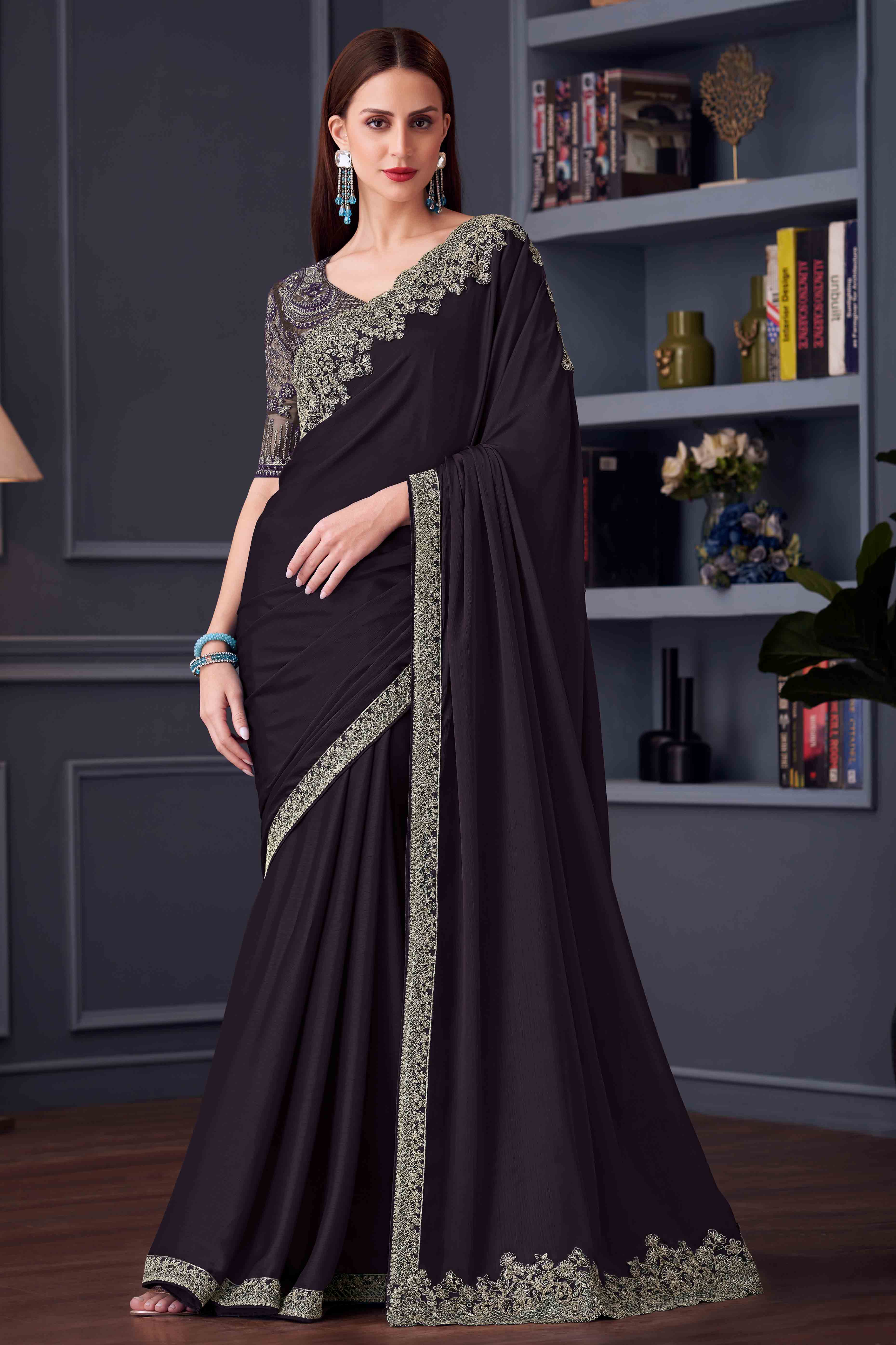 Wine Chiffon Saree with Embellished Border