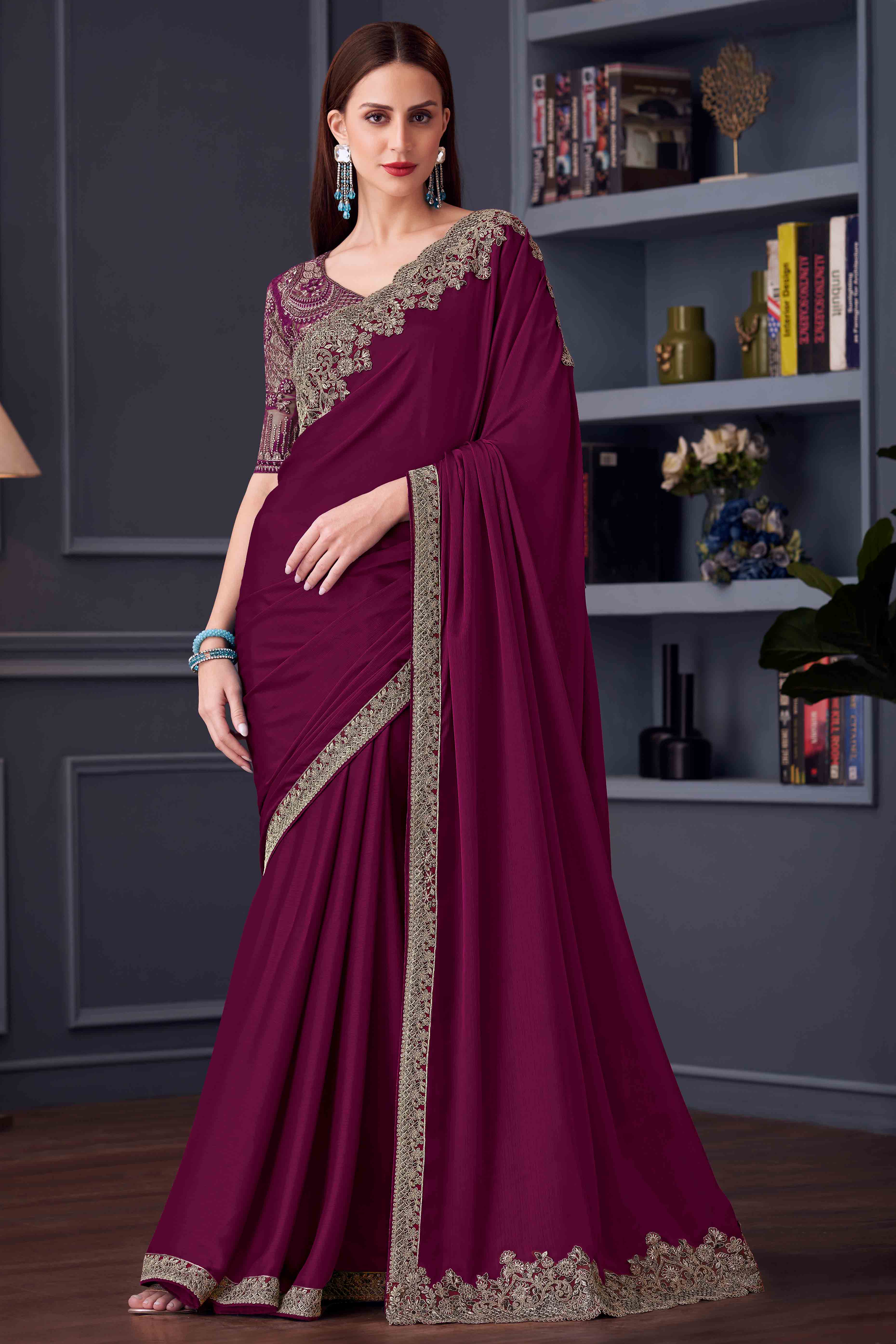 Purple Chiffon Saree with Embellished Border