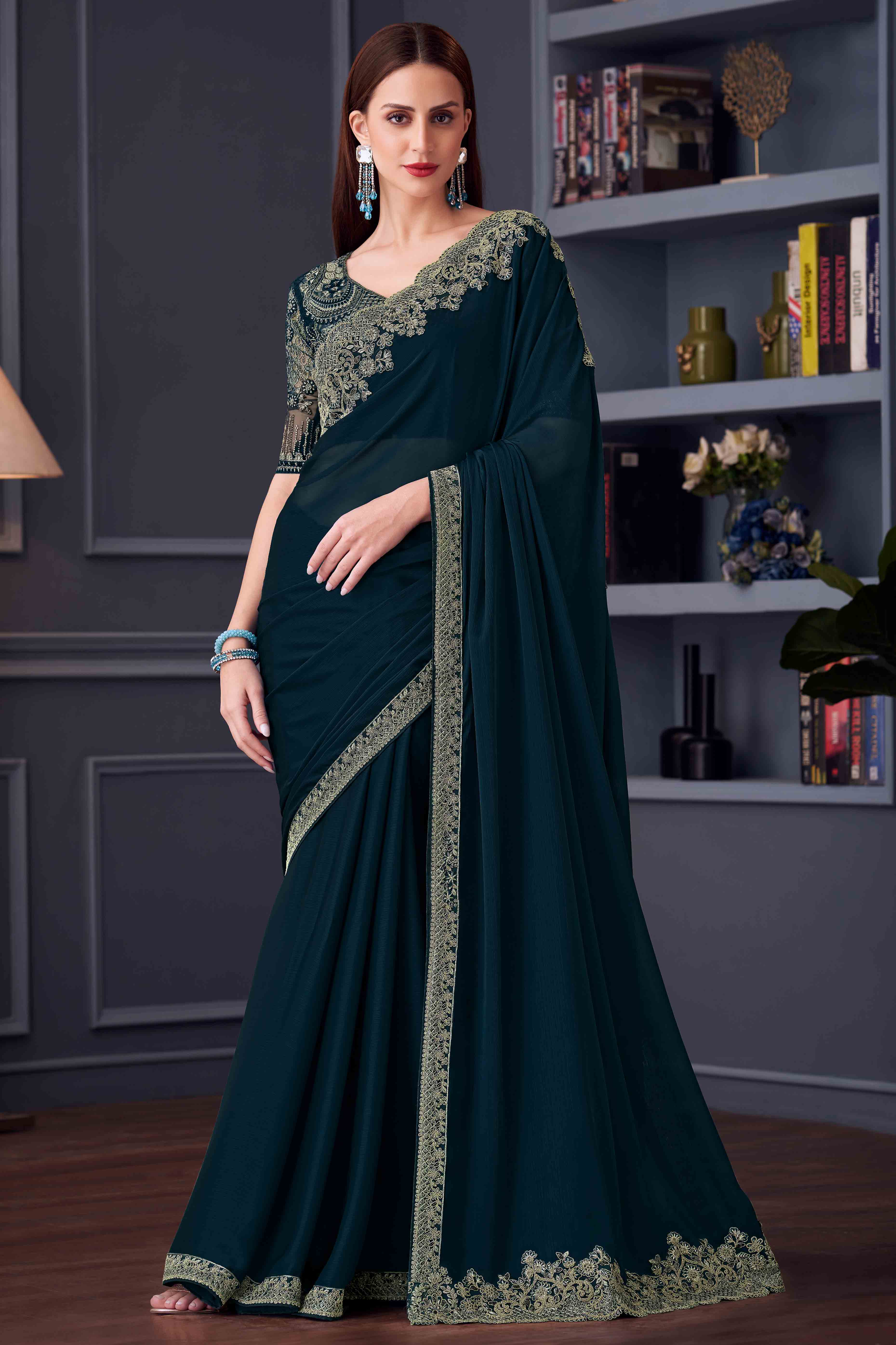 Morpich Green Chiffon Saree with Embellished Border