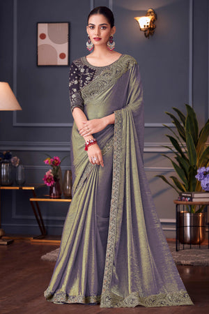 Bluish Grey Partywear Chiffon Saree with Ornate Border Detailing
