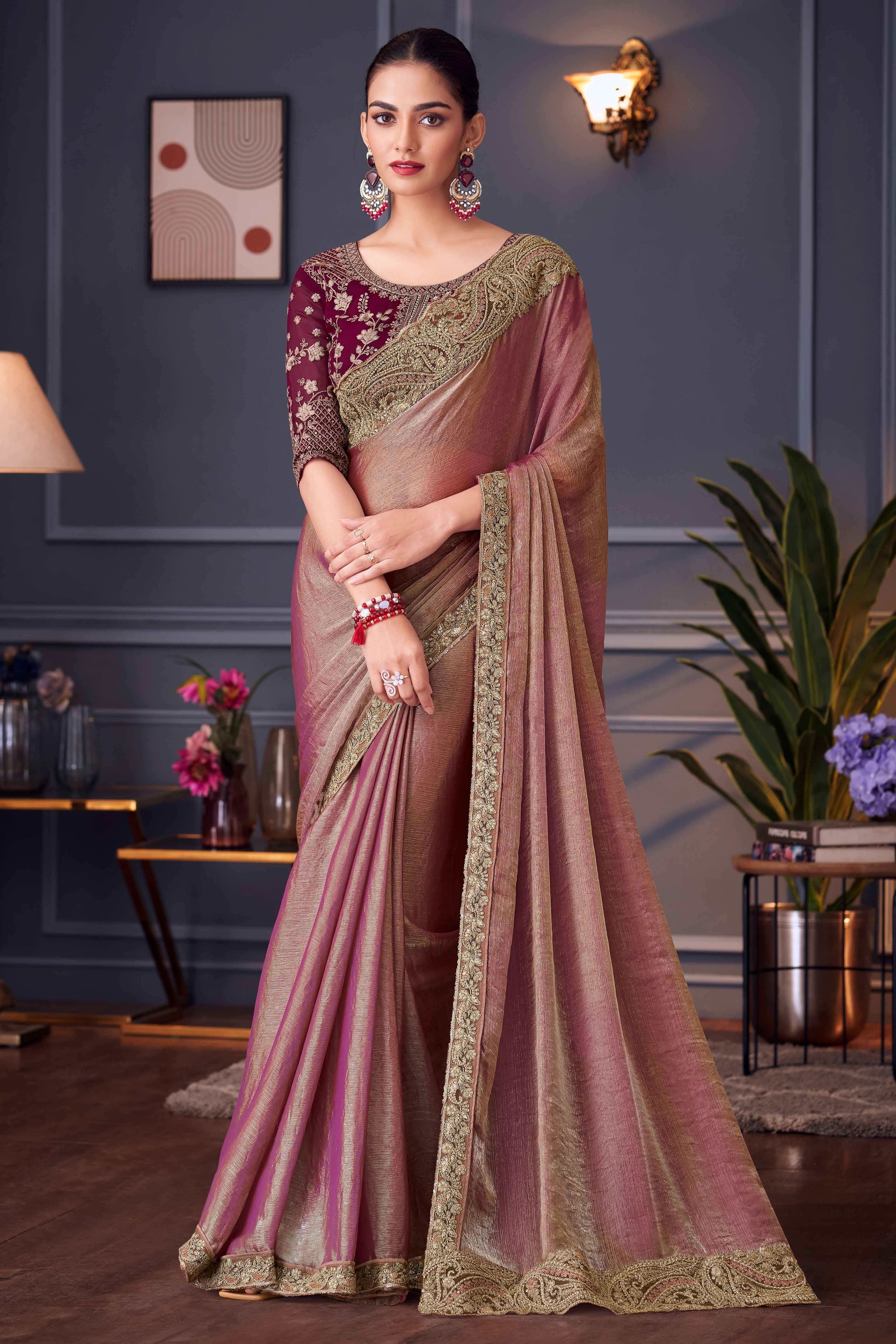 Mauve Partywear Chiffon Saree with Ornate Border Detailing