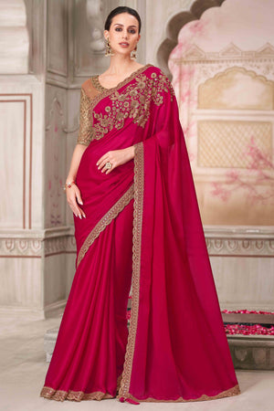 Glamorous Rose Pink Satin Saree with Intricate Sequin & Floral Work