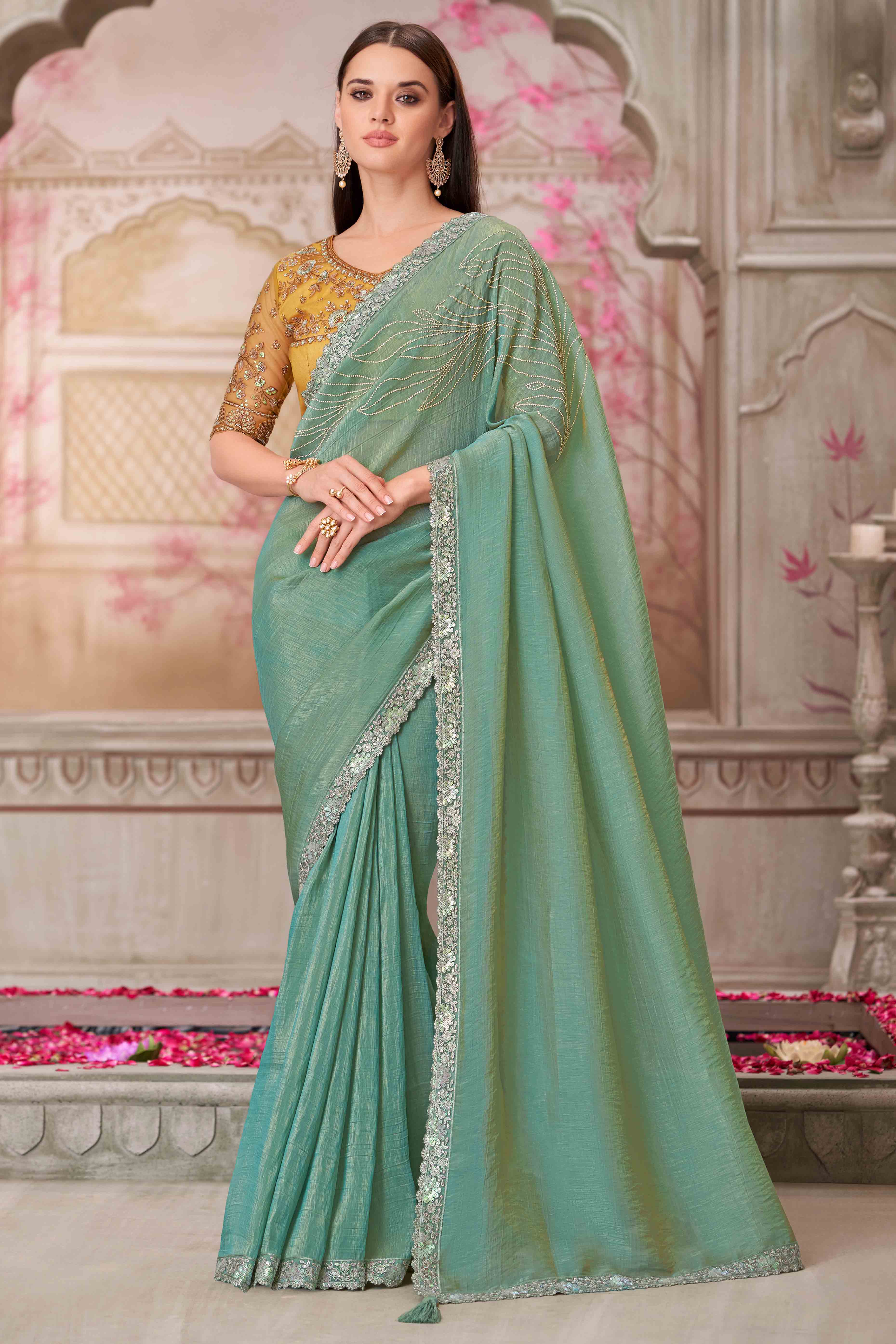 Glamorous Dusty Green Satin Saree with Intricate Sequin & Floral Work