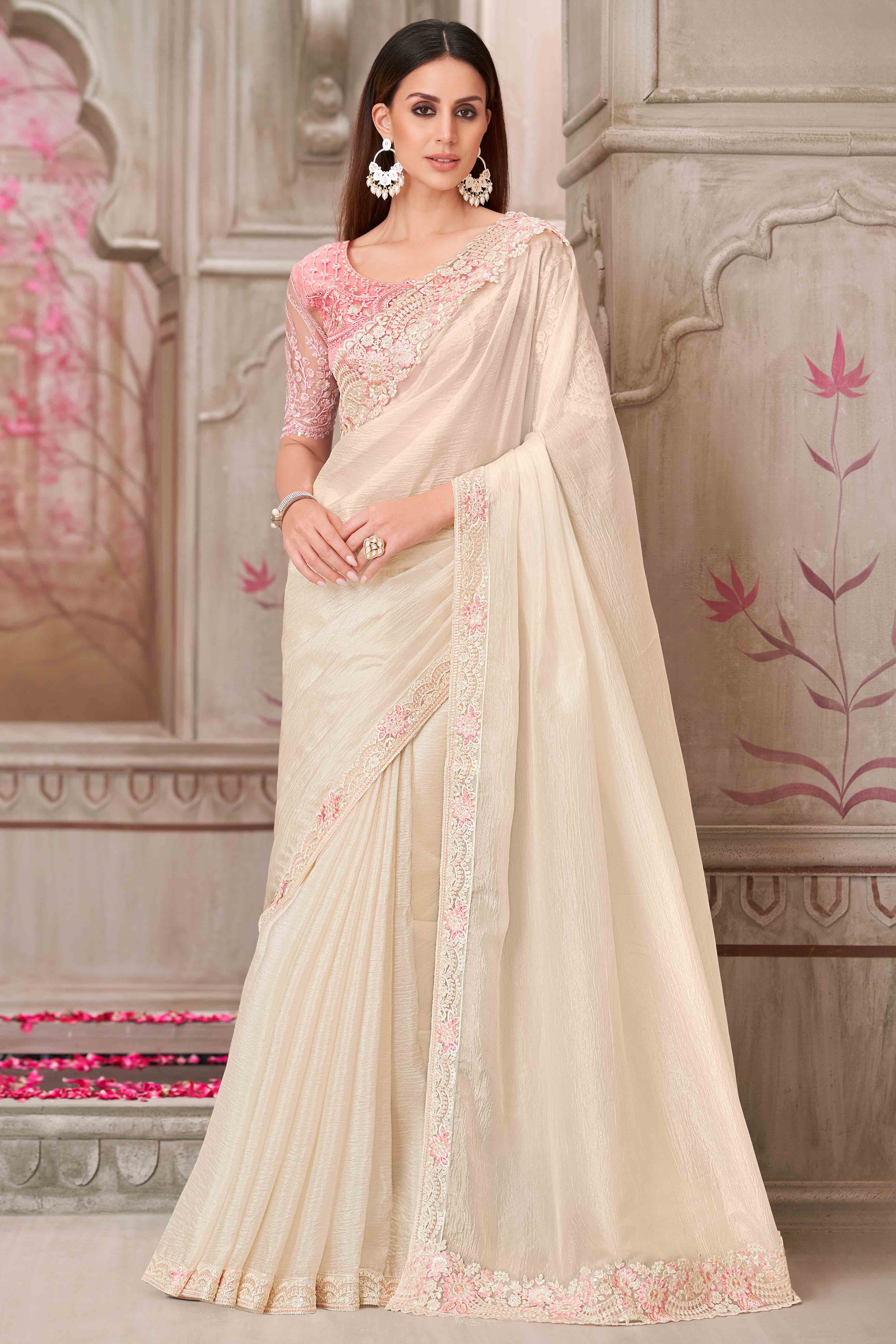 Glamorous Off White Satin Saree with Intricate Sequin & Floral Work