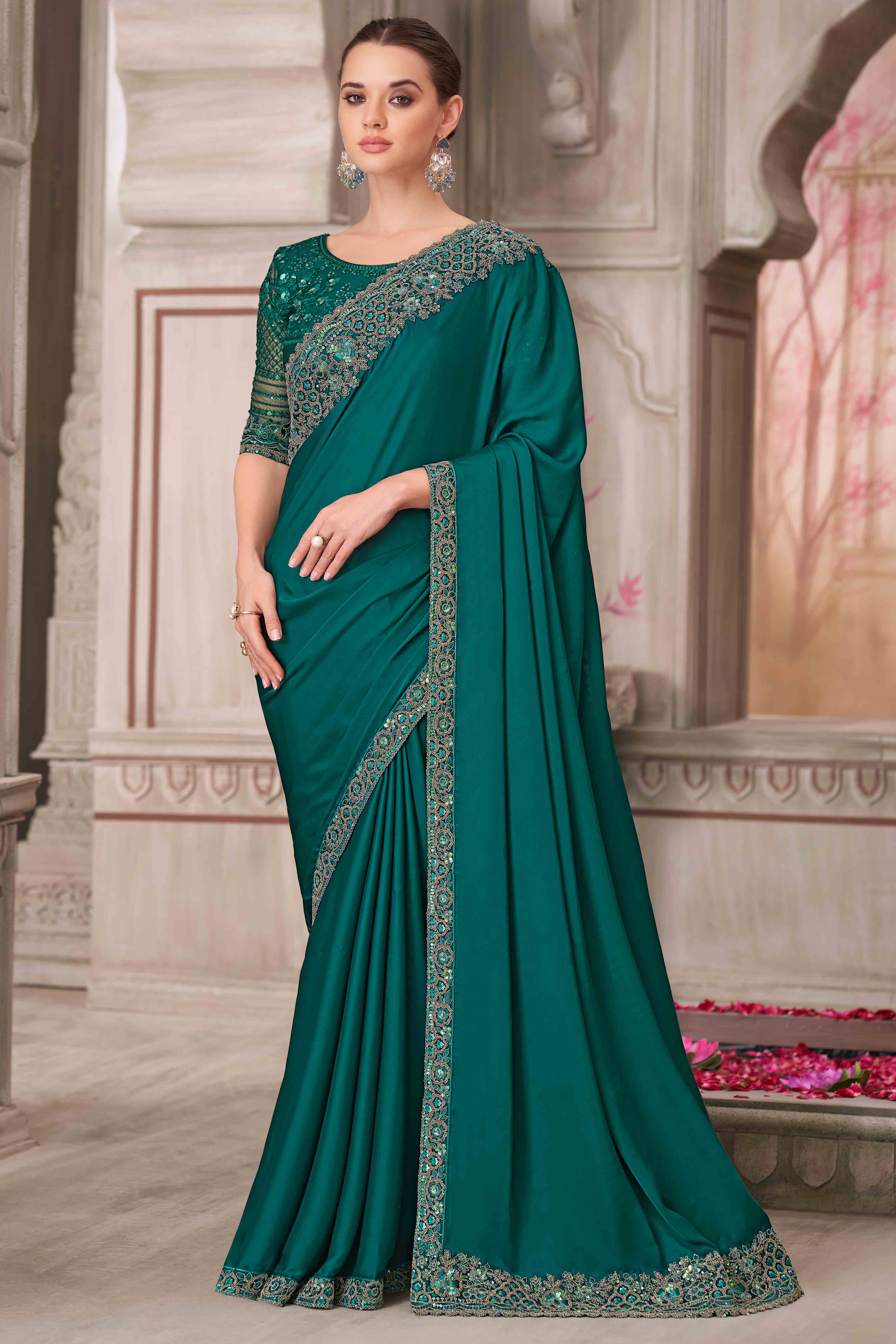 Glamorous Teal Satin Saree with Intricate Sequin & Floral Work