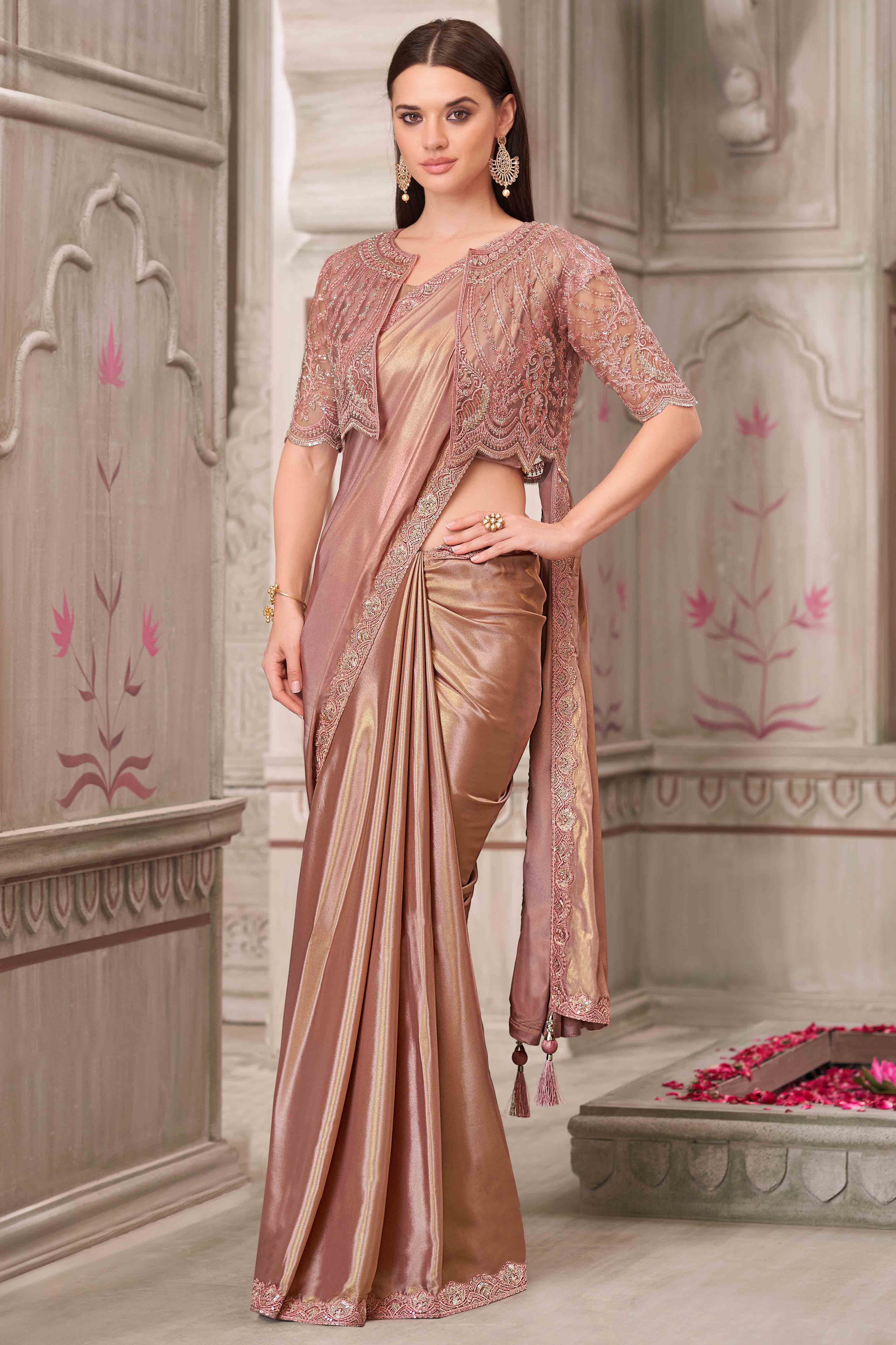 Glamorous Brown Satin Saree with Intricate Sequin & Floral Work