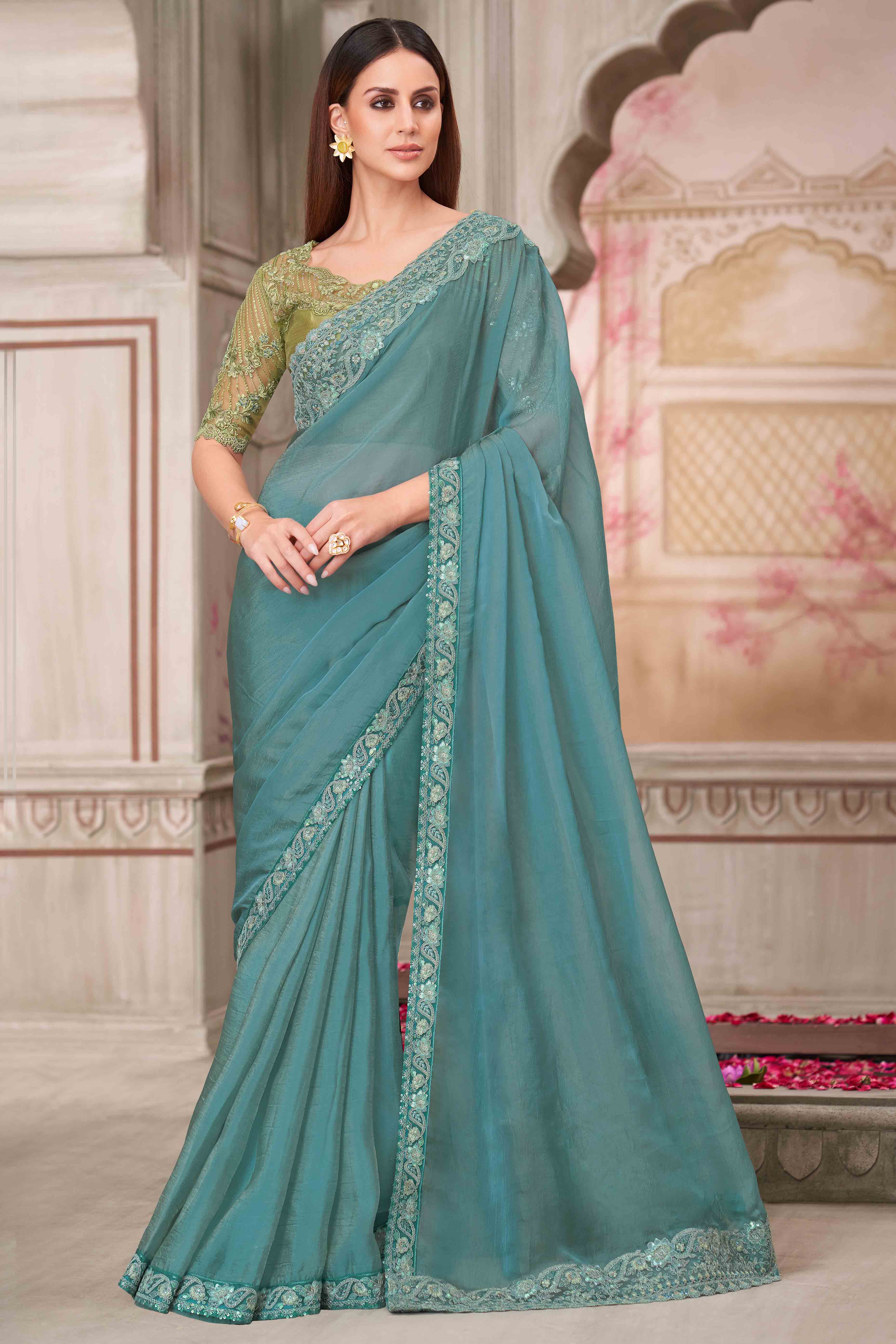 Soft Georgette Sky Blue Saree with Floral Thread & Sequin Accents