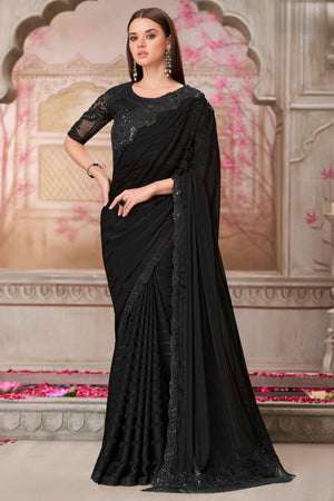 Soft Georgette Black Saree with Floral Thread & Sequin Accents