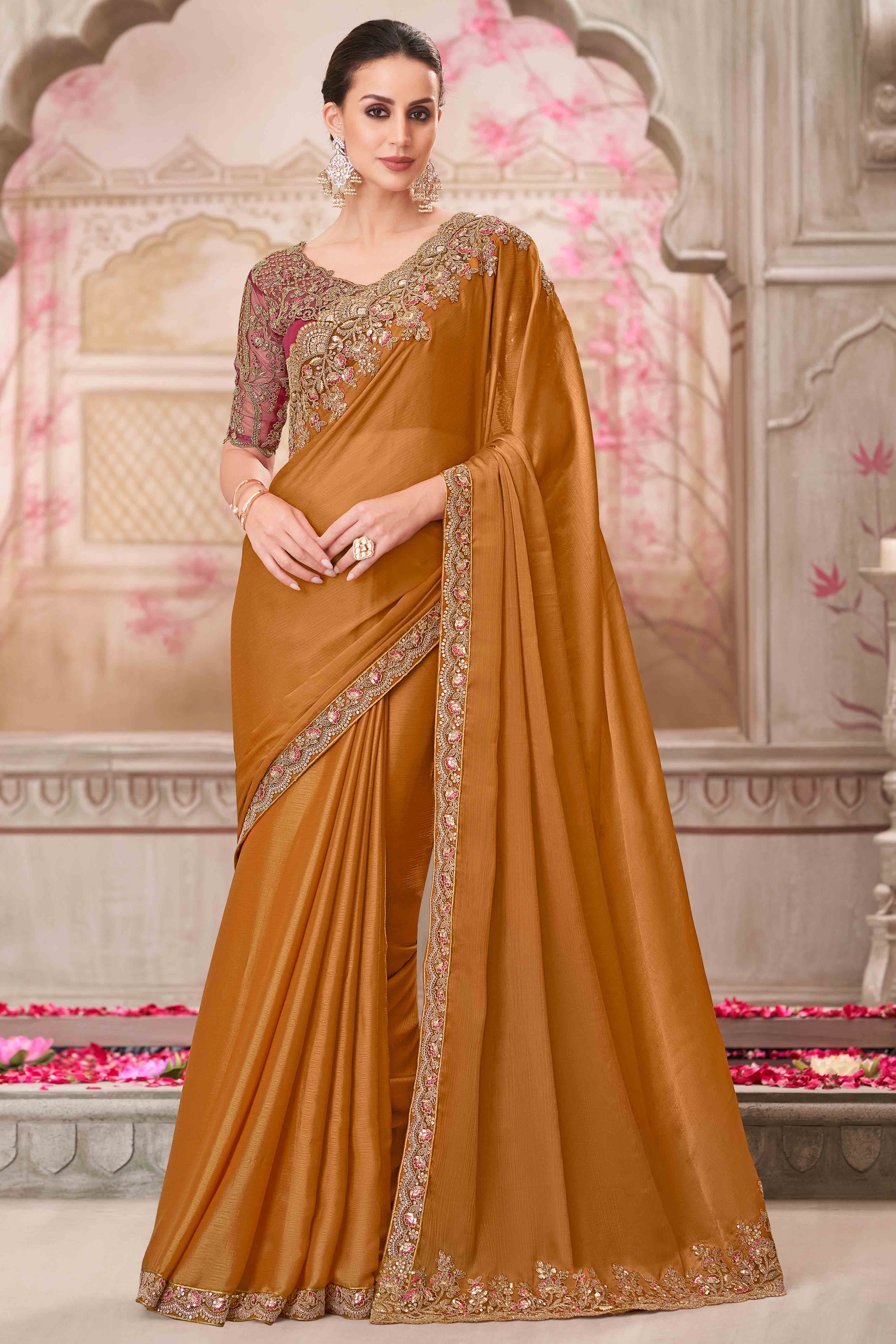 Radiant Mustard Chiffon Saree with Delicate Floral & Sequin Embellishments