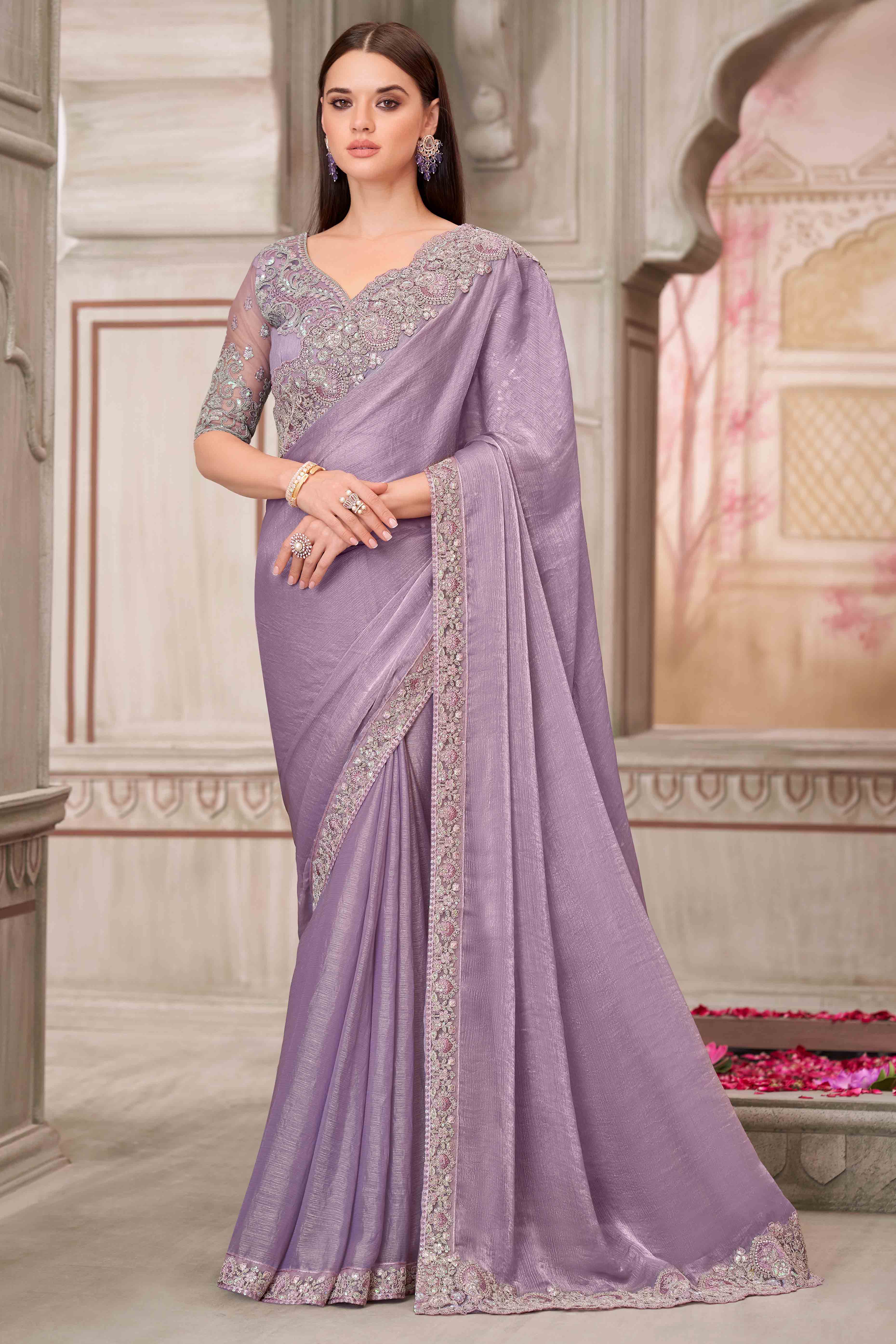Radiant Lavender Chiffon Saree with Delicate Floral & Sequin Embellishments